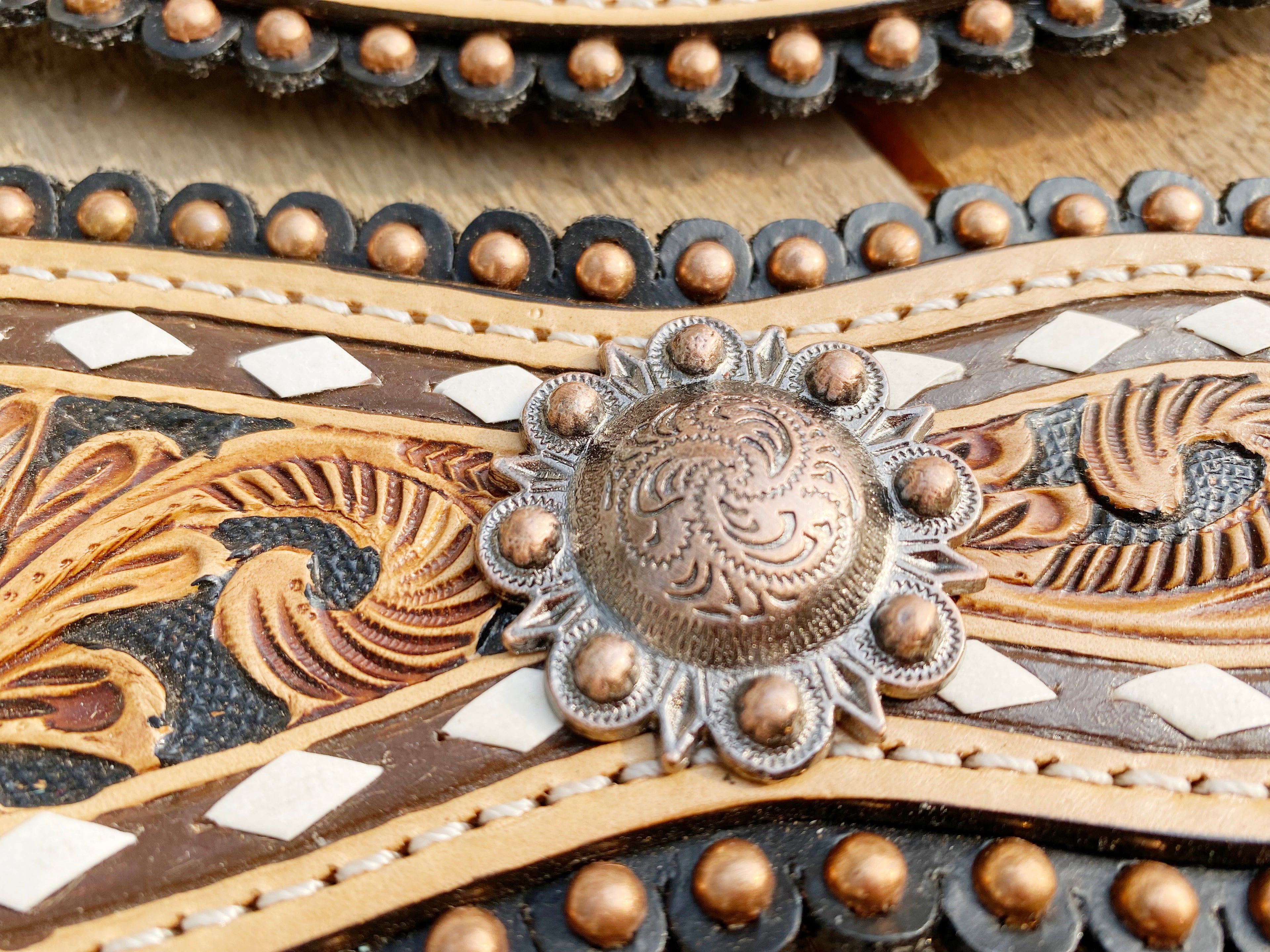 MOUSM Western Horse Tack Collection – Western Bridles and Headstalls Decorated with Hand-Tooled Flower Carving with Nickel Studs, Conchos & Rawhide Braiding