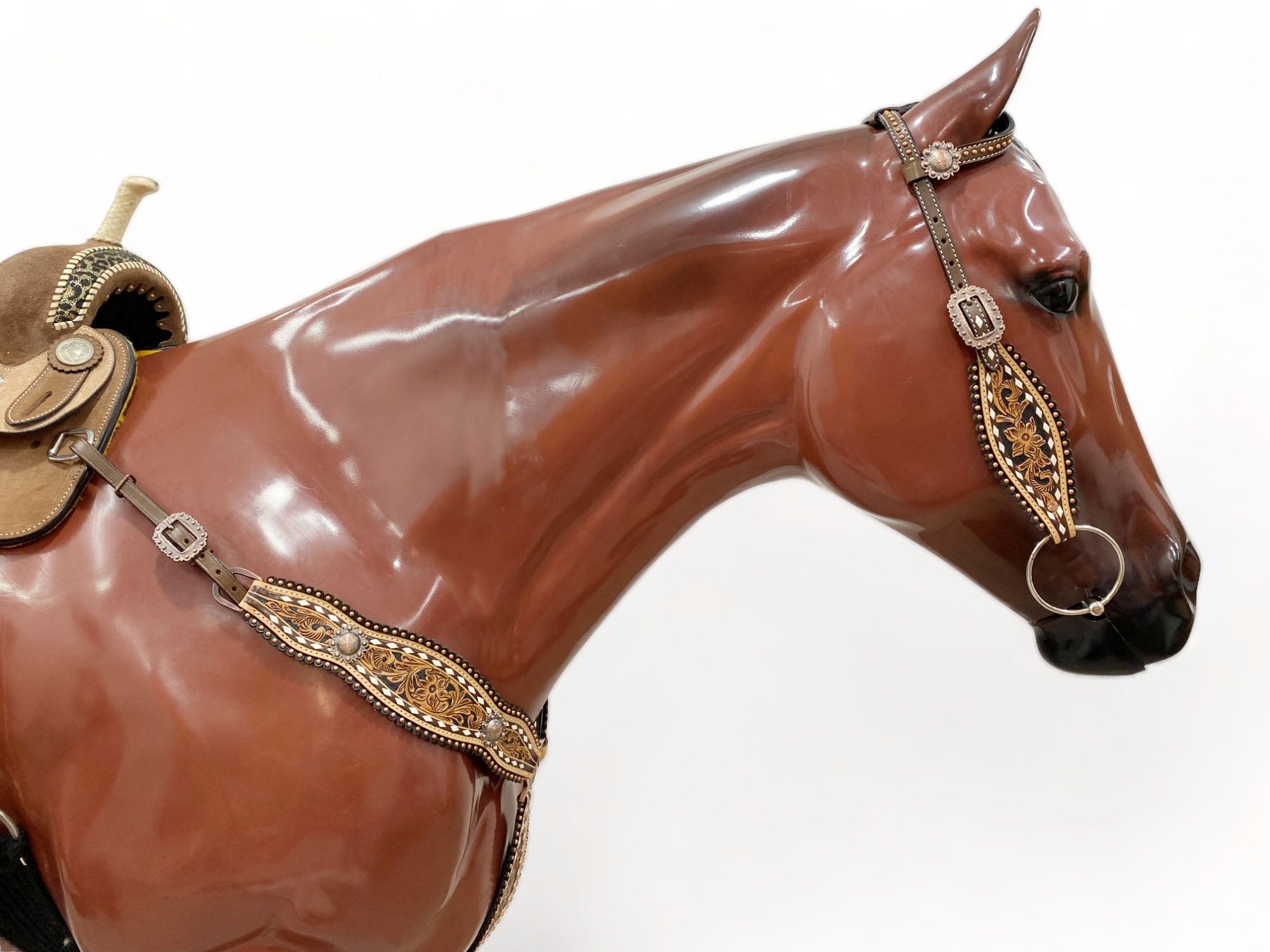 MOUSM Western Horse Tack Collection – Western Bridles and Headstalls Decorated with Hand-Tooled Flower Carving with Nickel Studs, Conchos & Rawhide Braiding