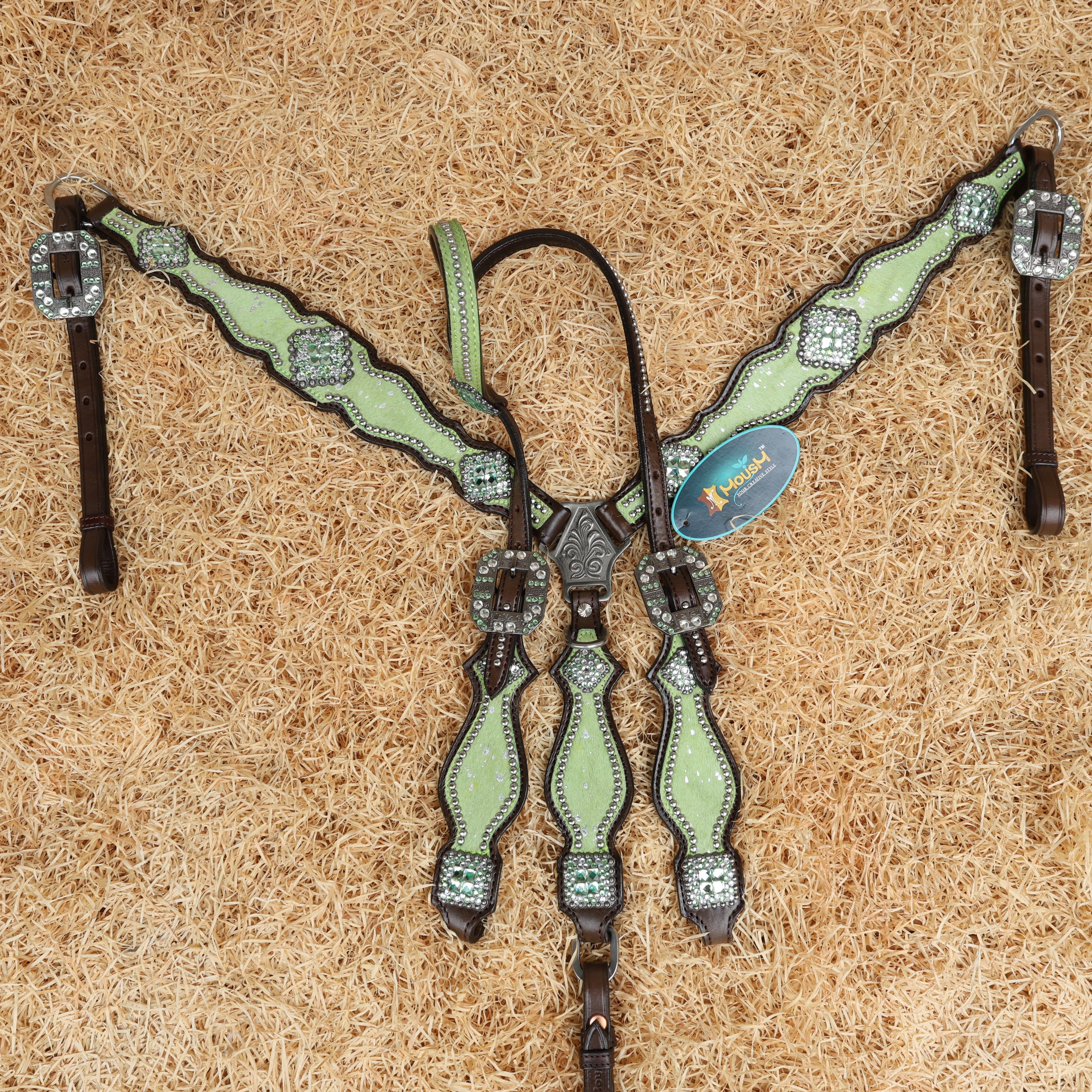 MOUSM Argentina Cow Leather Western Horse Tack Collection – Western Headstall & Breast Collar Set Decorated with Lime-Green Metallic Acid Wash Cowhide Finish
