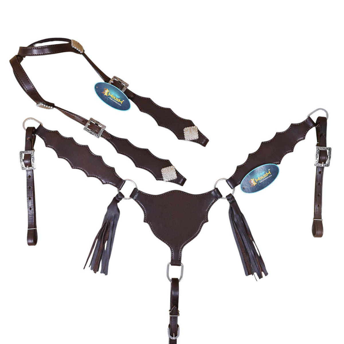 Smooth Brown Leather and Strings Two Ear Headstall Breast Collar