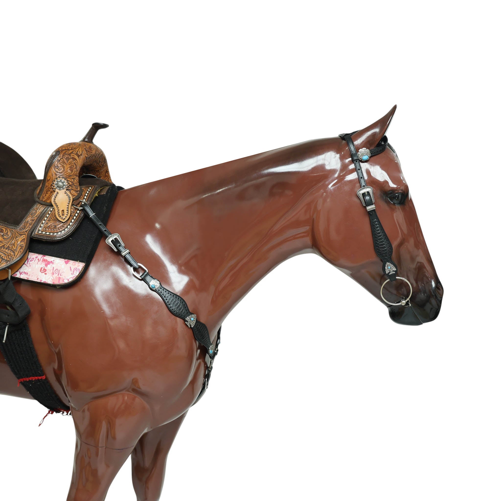 Argentina Cow Leather Western Horse Headstall Set Decorated with Criss Cross Black Raw Hide Braiding Turquoise Jewel Hardware on Black Leather MOUSM