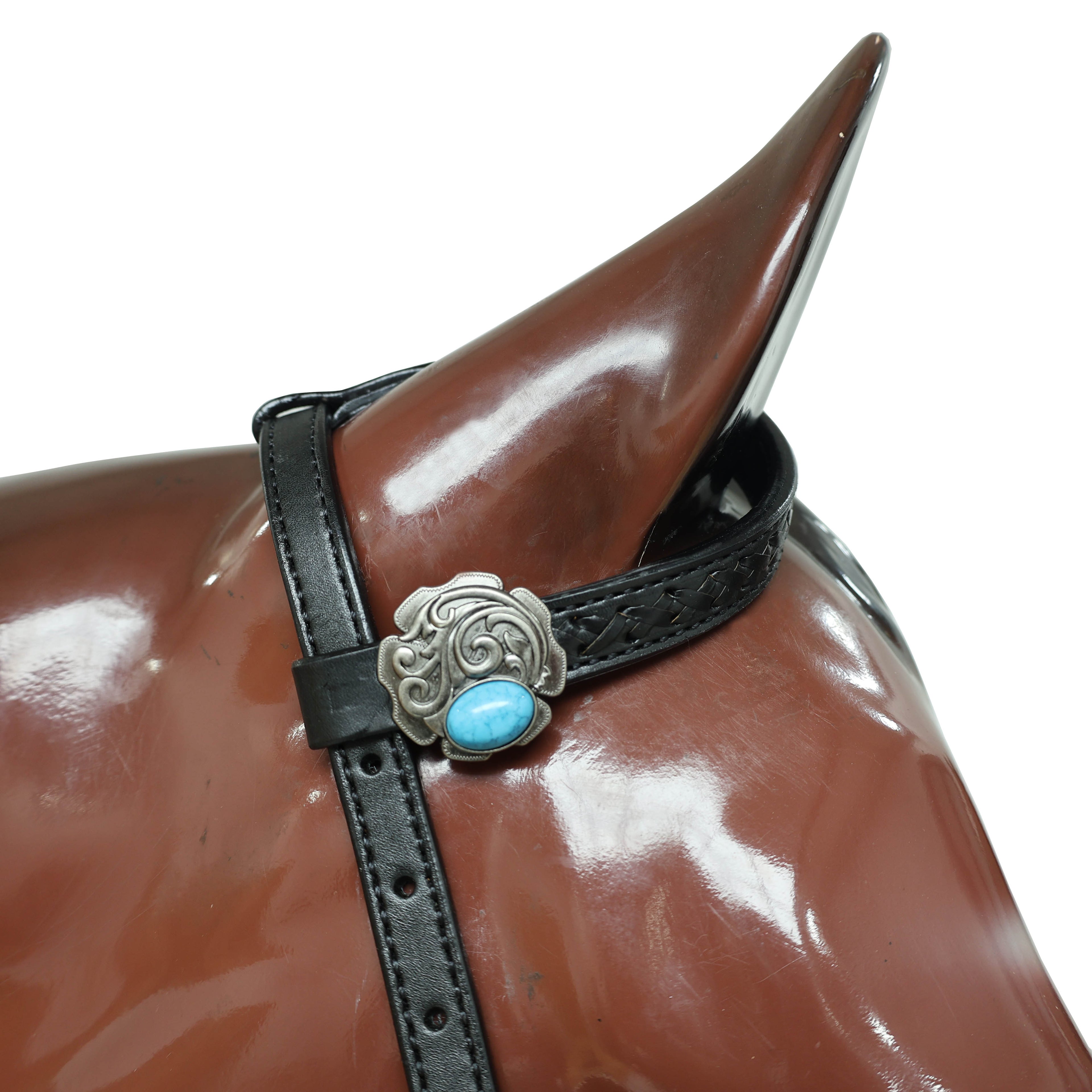 Argentina Cow Leather Western Horse Headstall Set Decorated with Criss Cross Black Raw Hide Braiding Turquoise Jewel Hardware on Black Leather MOUSM