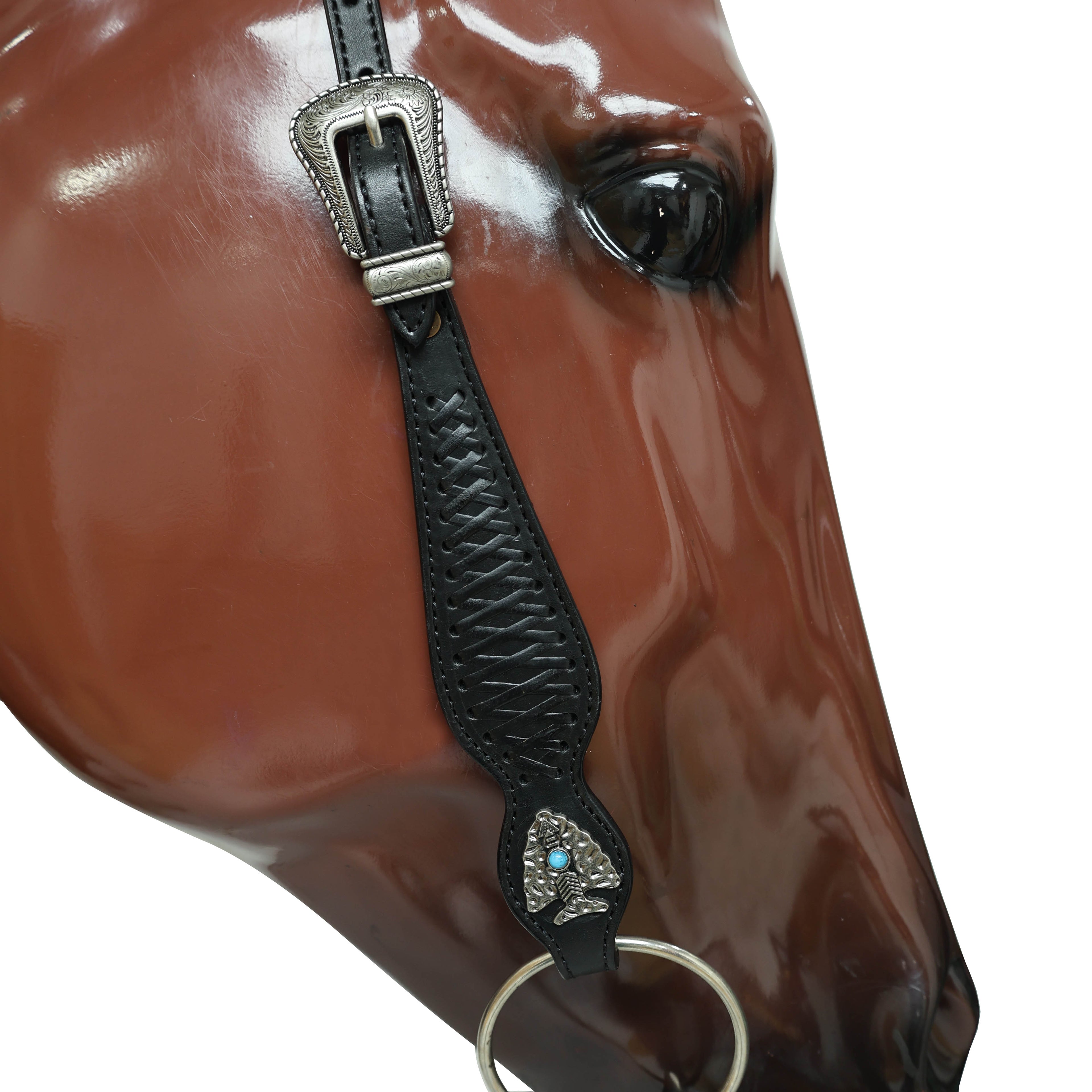 Argentina Cow Leather Western Horse Headstall Set Decorated with Criss Cross Black Raw Hide Braiding Turquoise Jewel Hardware on Black Leather MOUSM