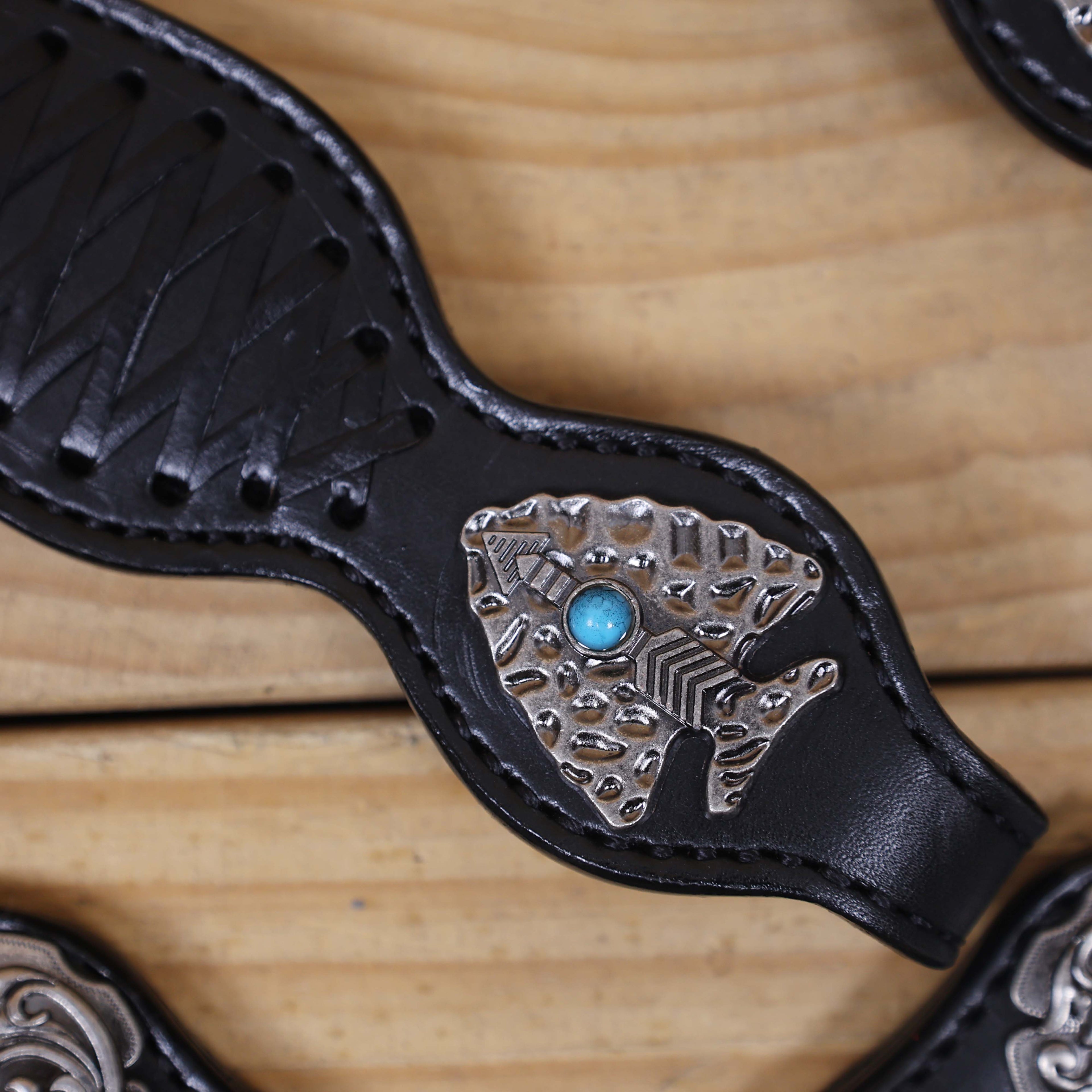 Argentina Cow Leather Western Horse Headstall Set Decorated with Criss Cross Black Raw Hide Braiding Turquoise Jewel Hardware on Black Leather MOUSM