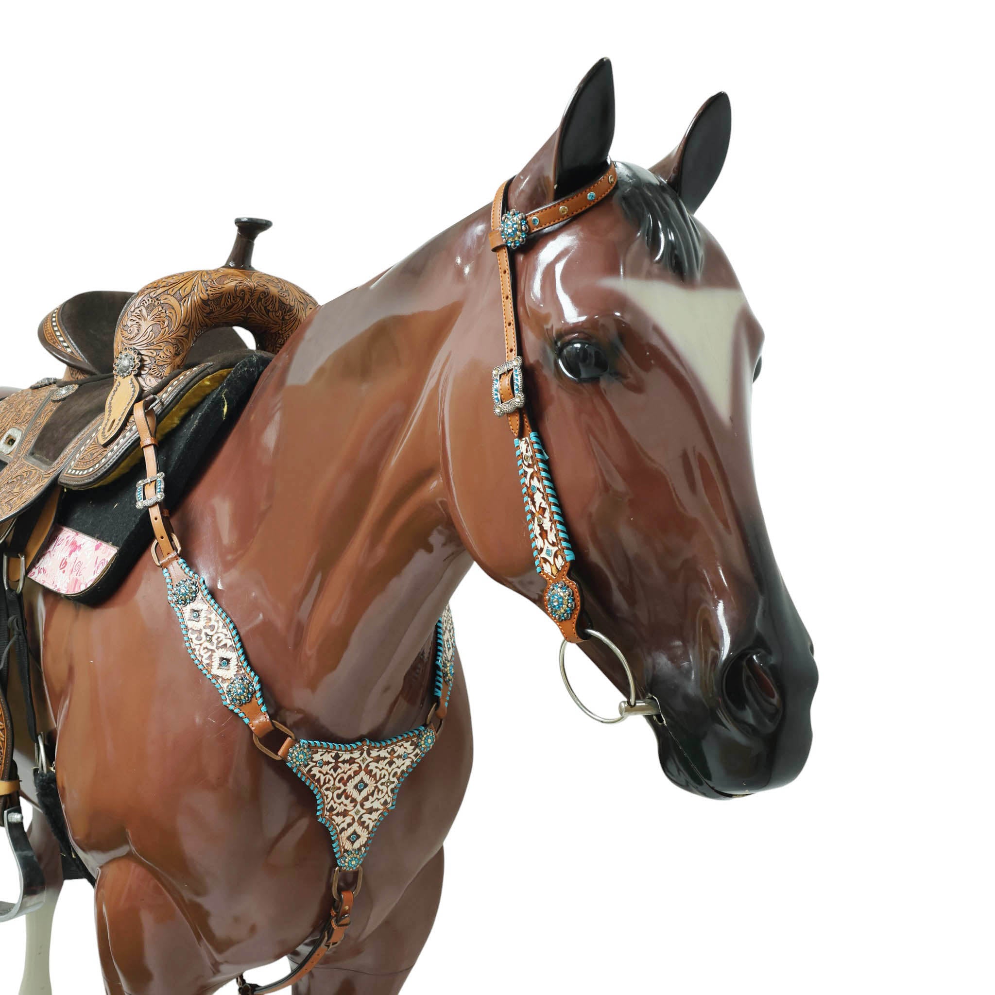 Western Leather Headstall and Breast Collar Tack Set – Argentina Cowhide, Big Ring Hardware, Embossed Aztec 2-Tone Leather