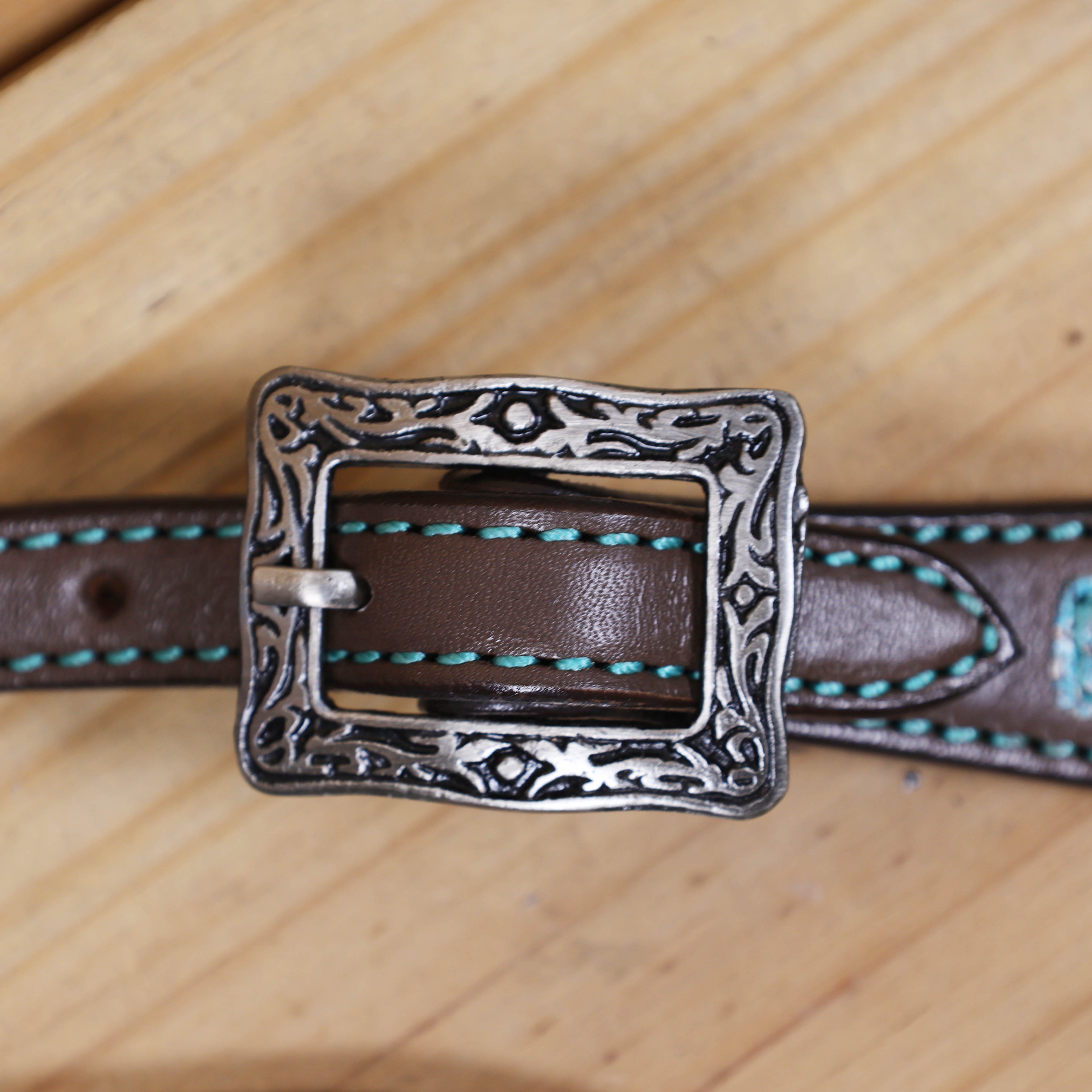 Western Leather Headstall & Breast Collar Set – Turquoise Steer Embossed Leather Patch
