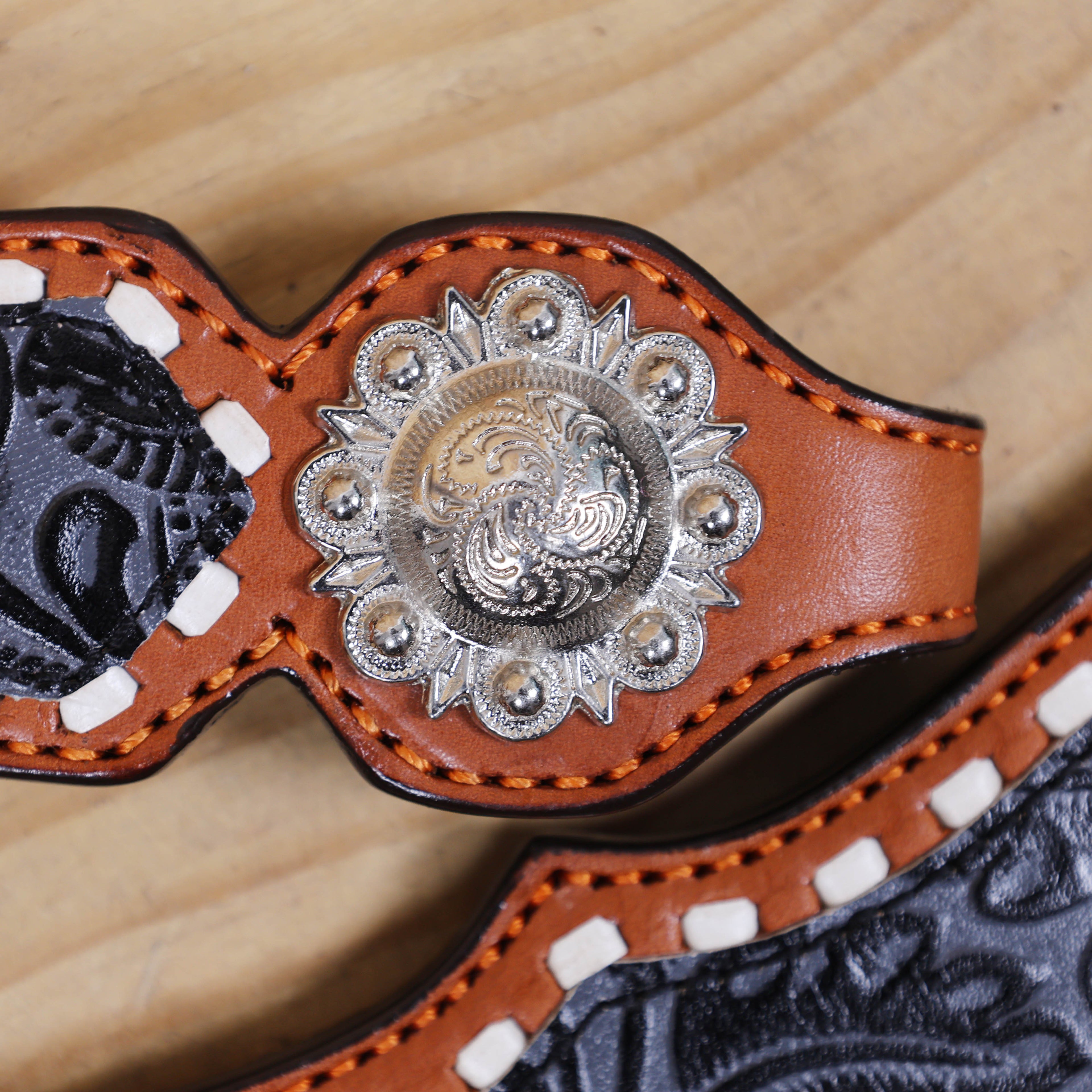 Western Leather Headstall & Breast Collar Set – Grey & Black Flower Embossed Leather