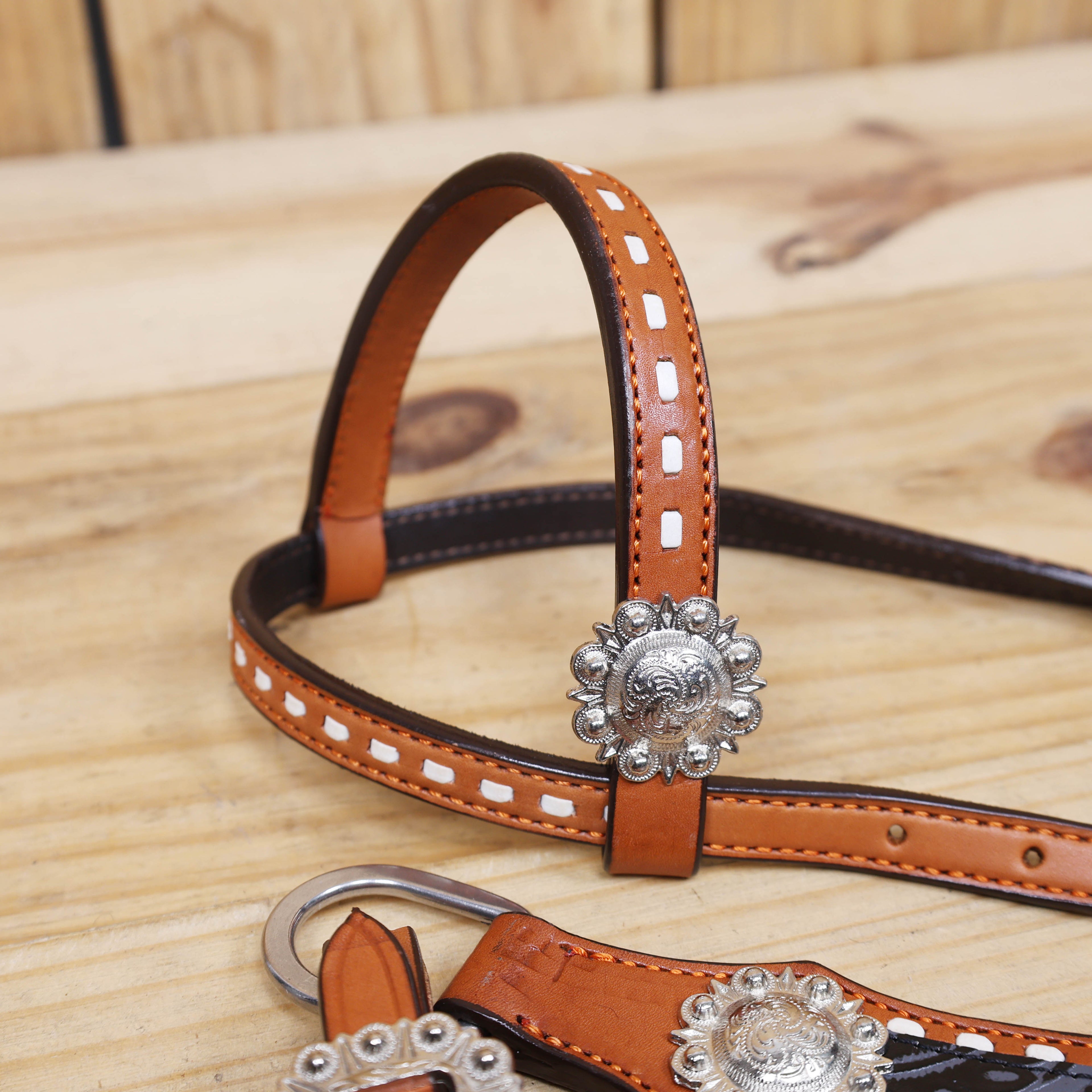 Western Leather Headstall & Breast Collar Set – Grey & Black Flower Embossed Leather