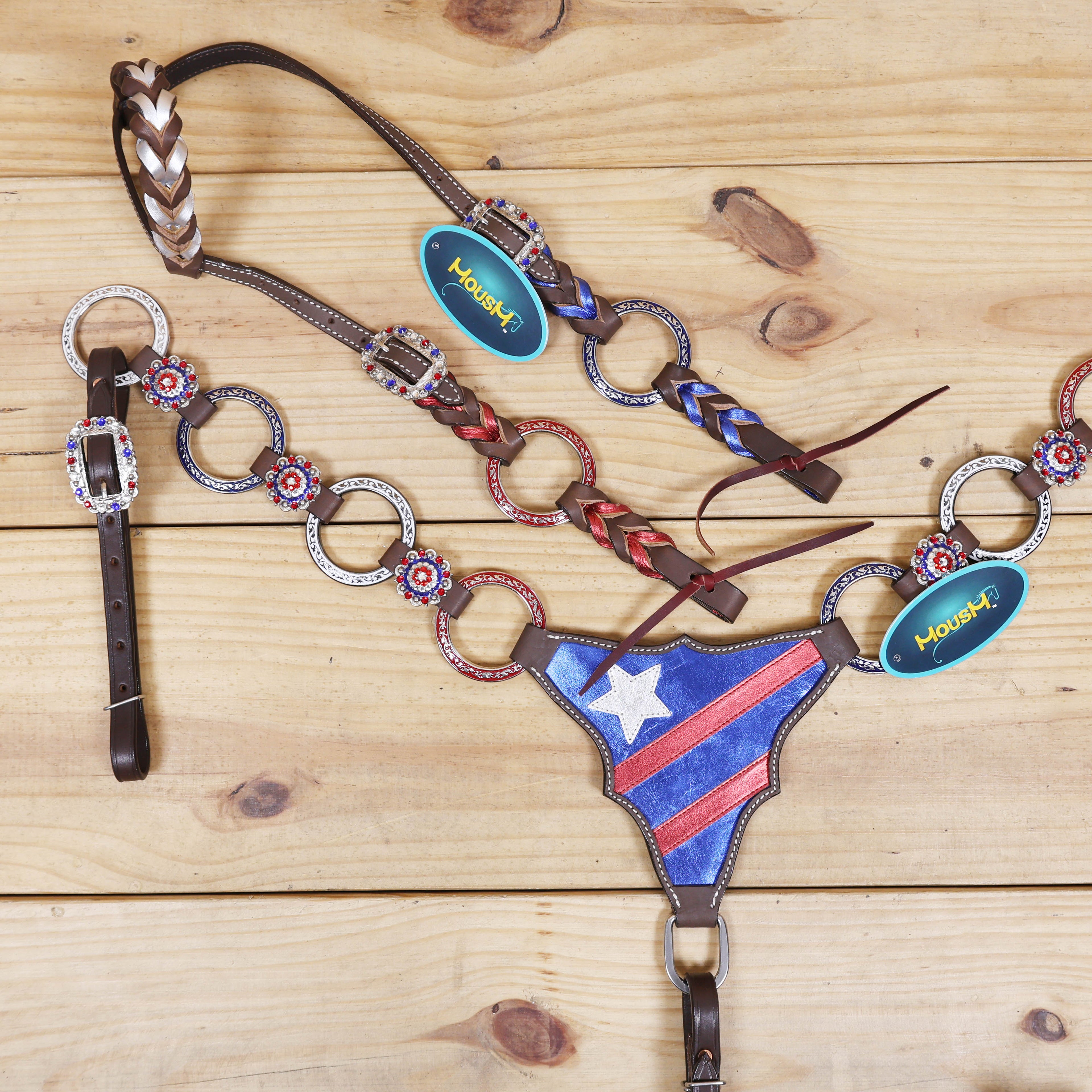 Western Leather One Ear Headstall & Breast Collar Tack Set – Red, Royal Blue & White Ring Flag Design, Criss-Cross Braiding, Genuine Argentina Cow Leather, Antique Nickel Hardware – Full Horse