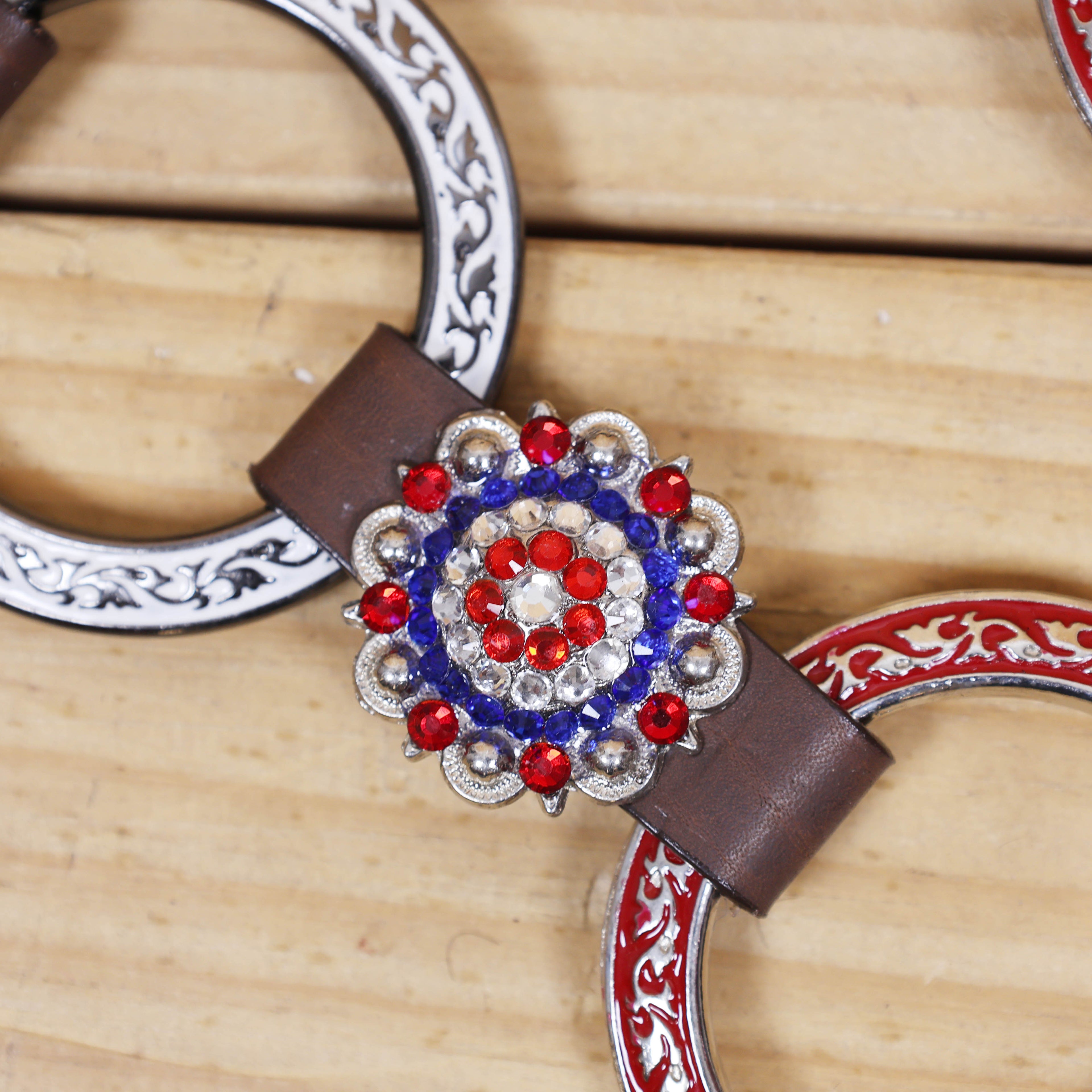 Western Leather One Ear Headstall & Breast Collar Tack Set – Red, Royal Blue & White Ring Flag Design, Criss-Cross Braiding, Genuine Argentina Cow Leather, Antique Nickel Hardware – Full Horse