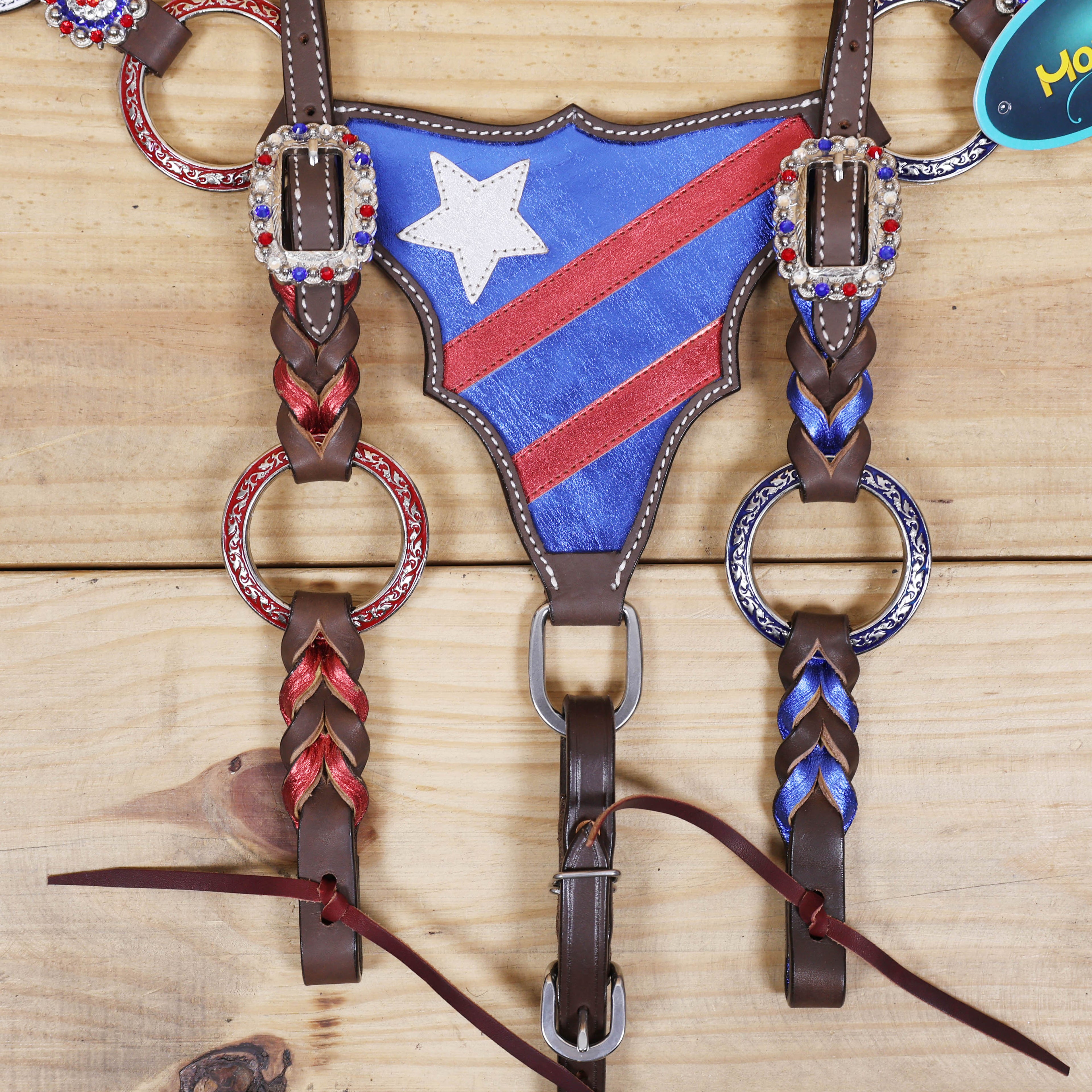 Western Leather One Ear Headstall & Breast Collar Tack Set – Red, Royal Blue & White Ring Flag Design, Criss-Cross Braiding, Genuine Argentina Cow Leather, Antique Nickel Hardware – Full Horse