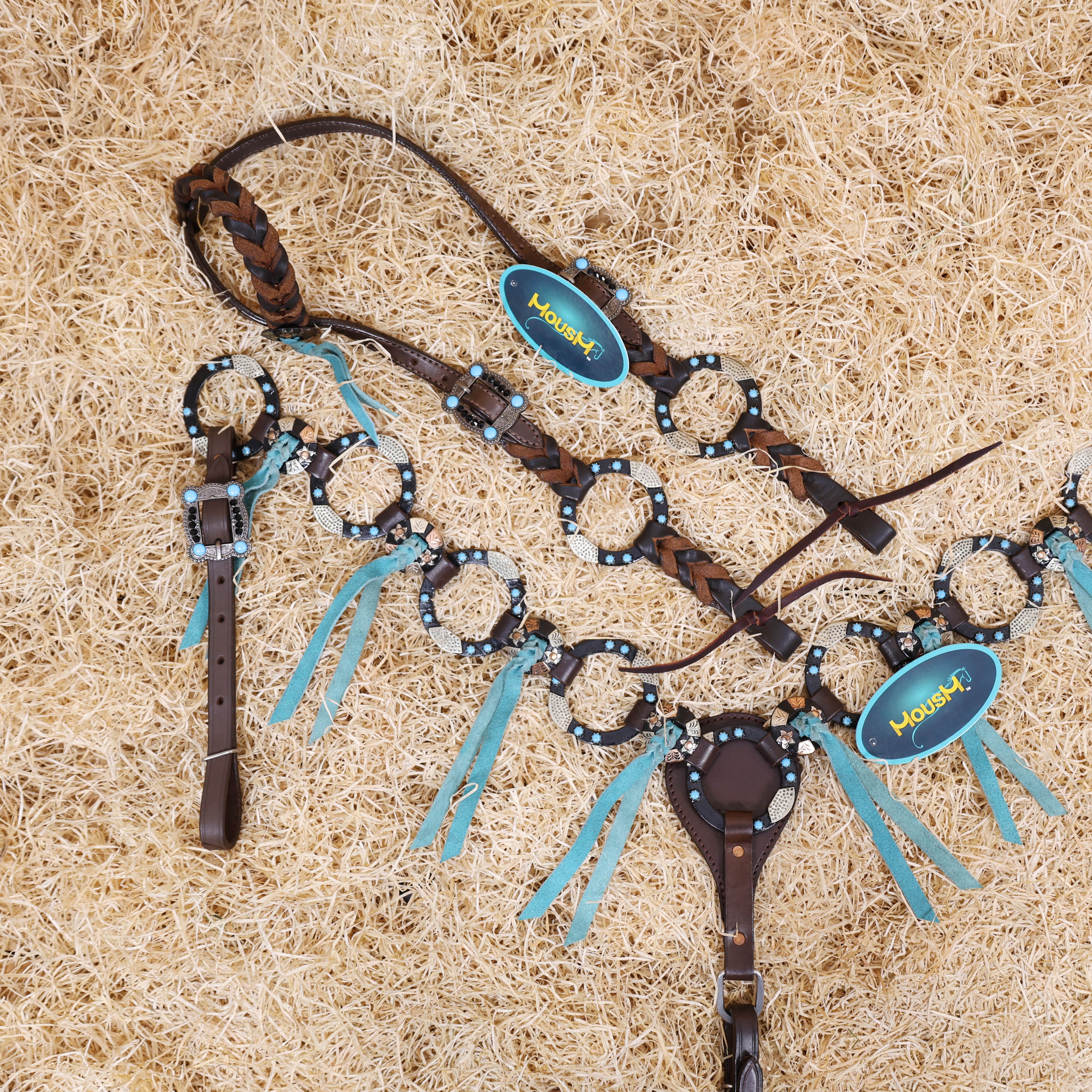 Western Handmade Headstall & Breast Collar Tack Set – 2-Tone Rings with Sky Blue Stones, Antique Slot Conchos, Turquoise Laces, Genuine Argentina Cow Leather – Full Horse