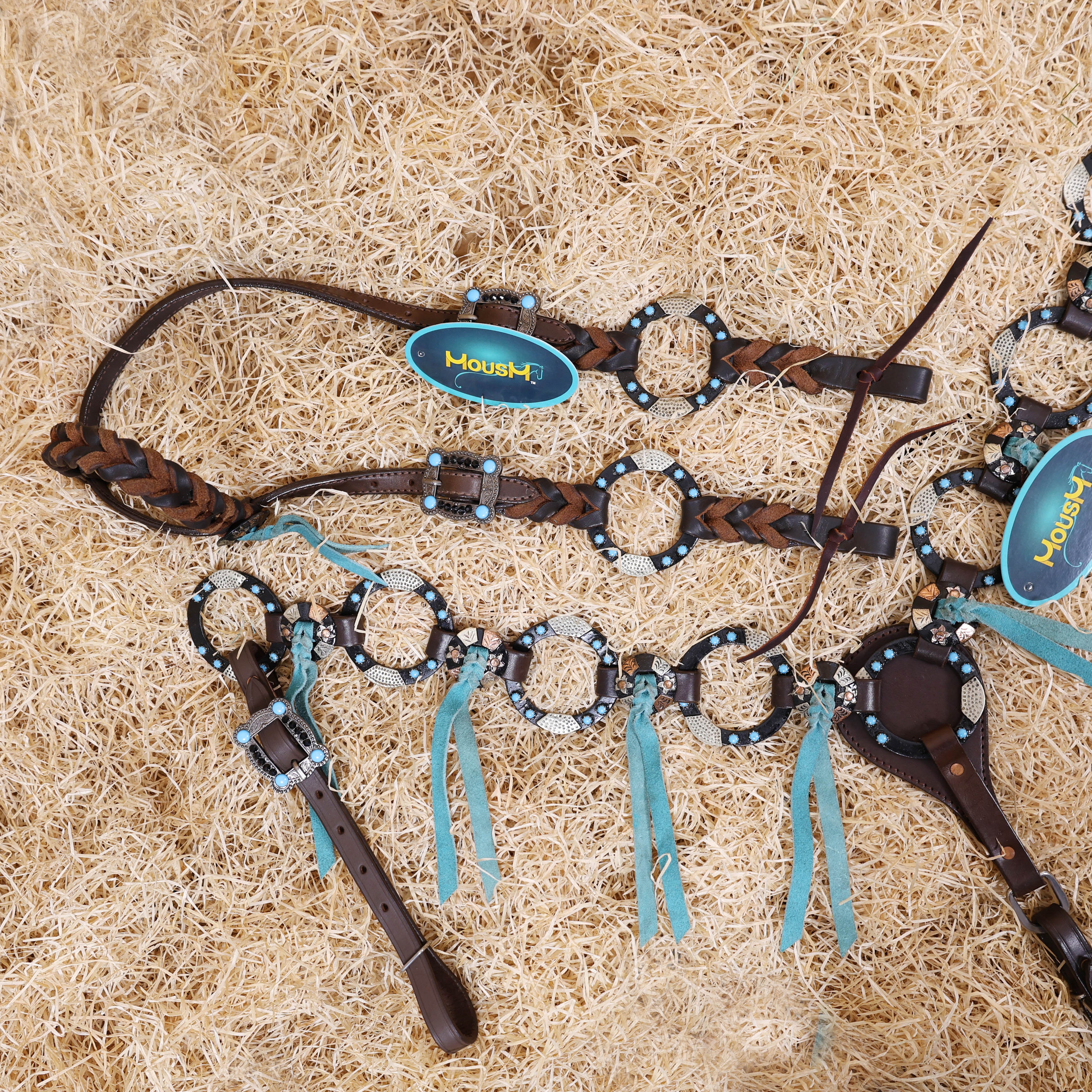 Western Handmade Headstall & Breast Collar Tack Set – 2-Tone Rings with Sky Blue Stones, Antique Slot Conchos, Turquoise Laces, Genuine Argentina Cow Leather – Full Horse
