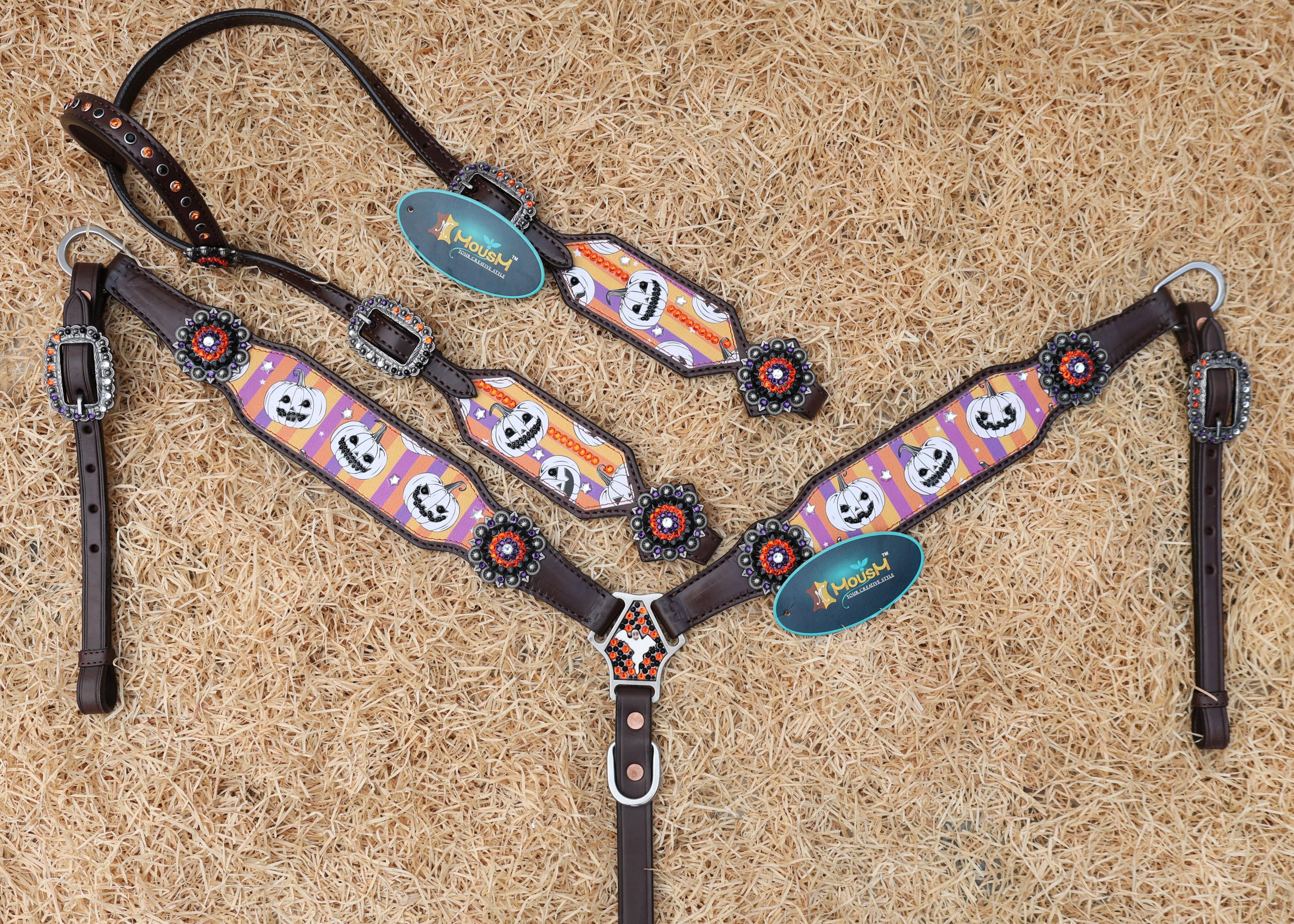 spooky laughing pumpkin print on western breast collar and cheekpiece of headstall with orange and purple stripes