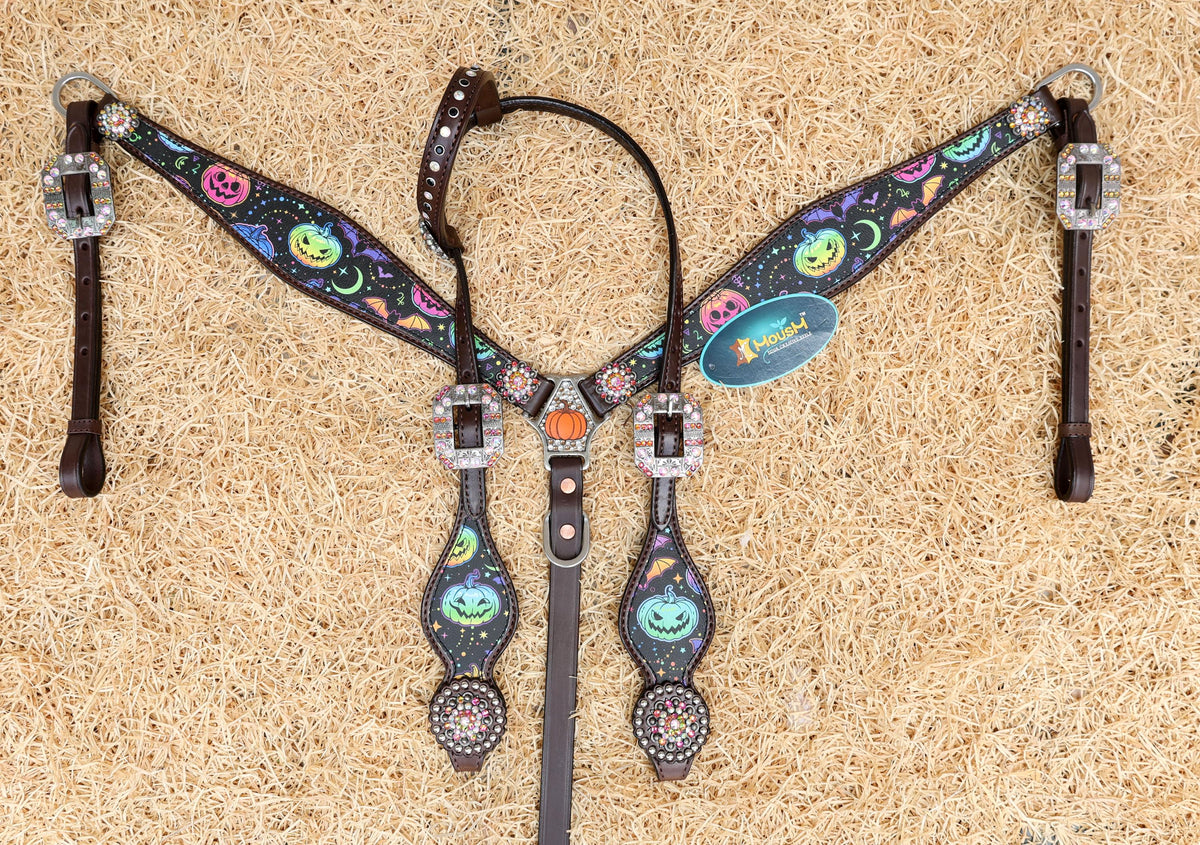 Leather horse tack set with printed spooky pumpkins and bats, fluorescent design perfect for Halloween