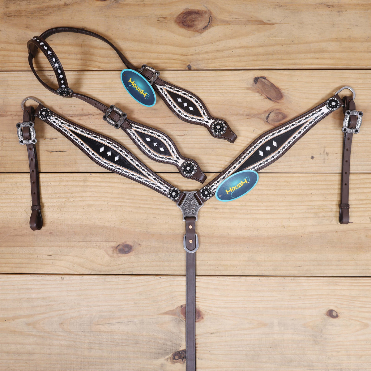 black and white hand painted Western headstall and breast collar set with gambling theme tooling