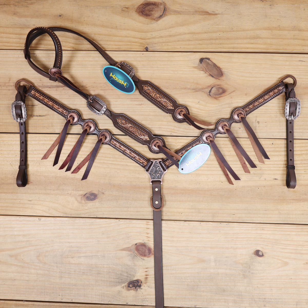 Western headstall set with antique copper hardware and fine tooling with burgundy leather laces