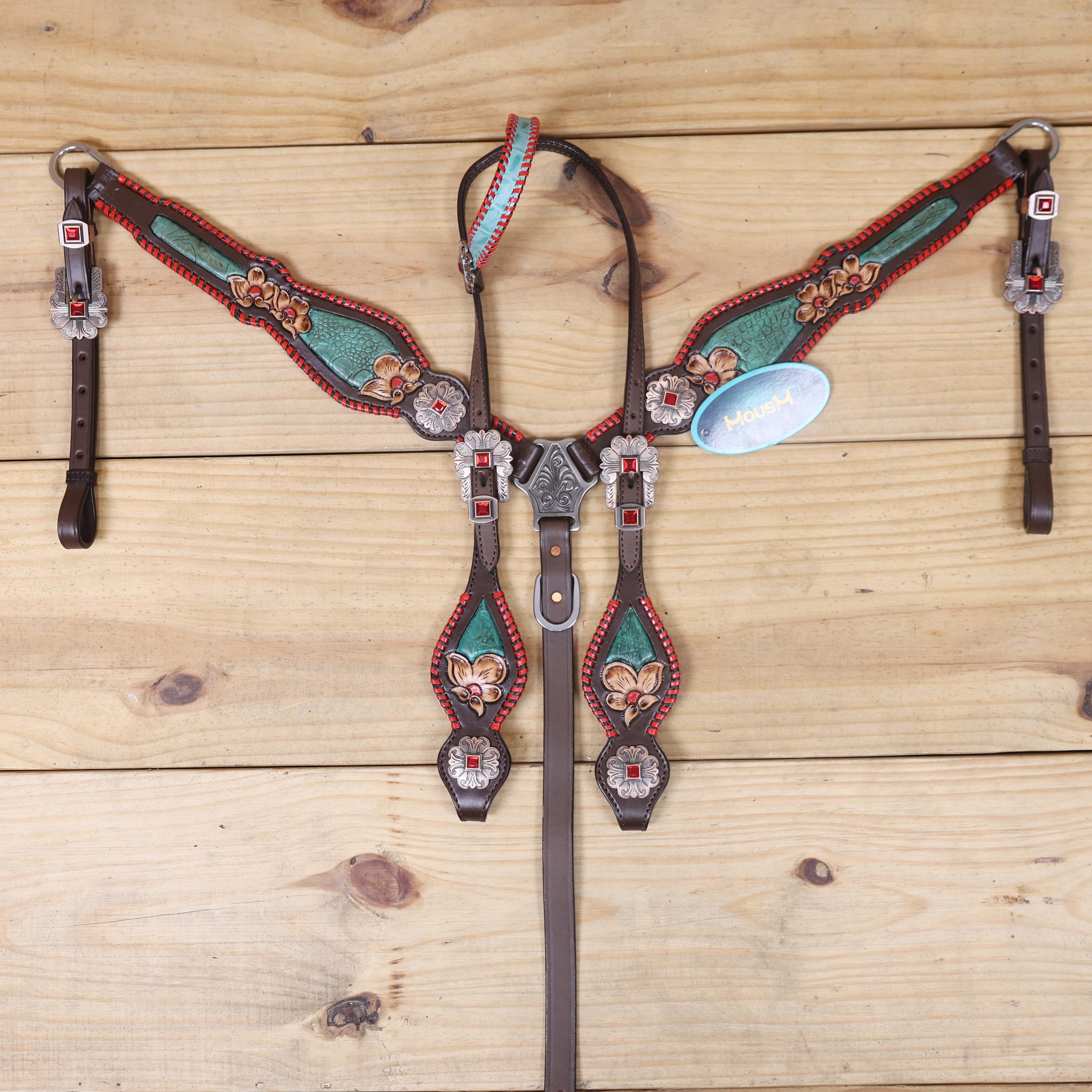 one ear western headstall with turquoise inlay, flower carving, and red jewel conchos