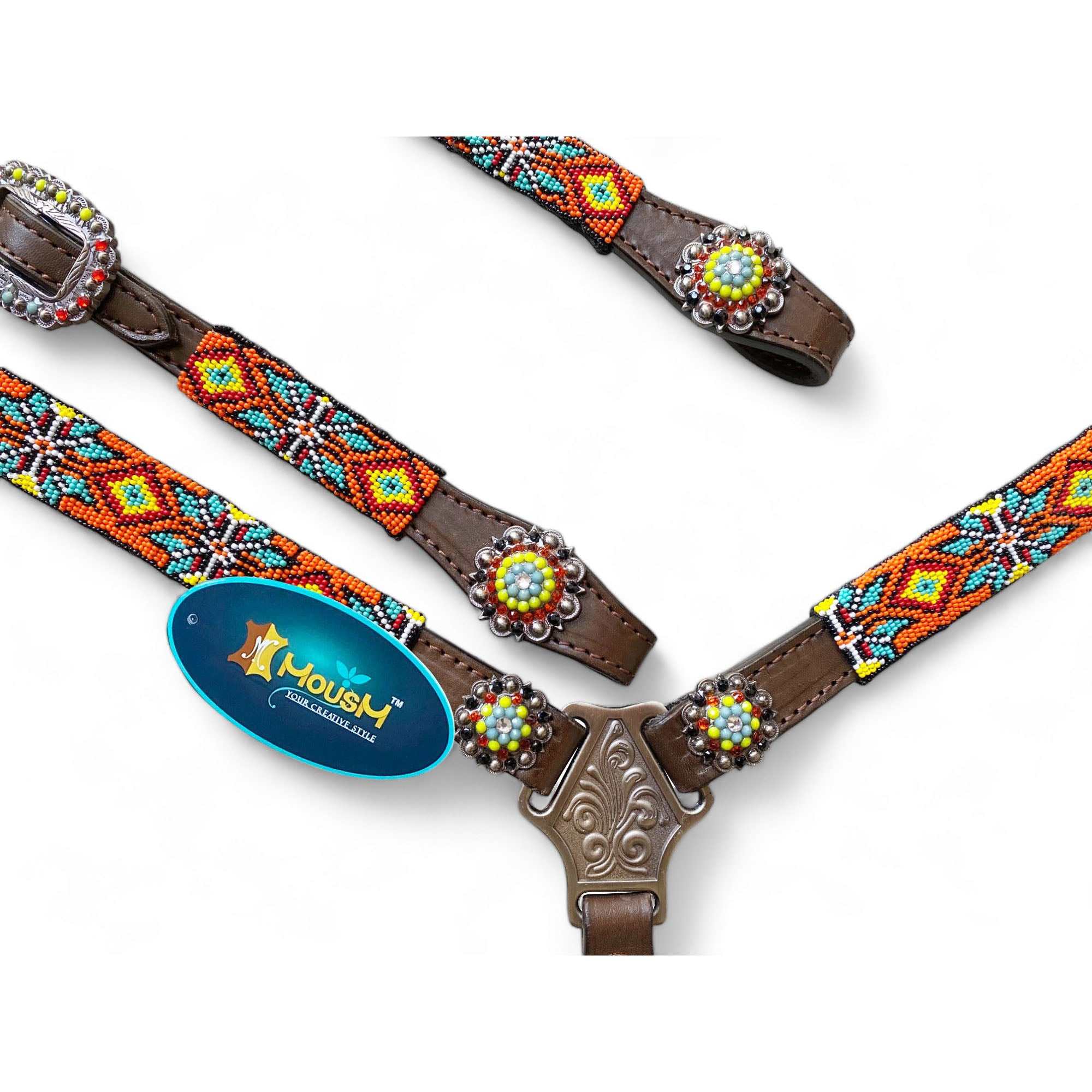 MOUSM Western Headstall and Breast Collar with Wither Strap Tack Set - Argentina Cow Leather Horse Tack Set with Intricate Geometric Vibrant Colour Hand Beaded Work, Antique Nickel Hardware