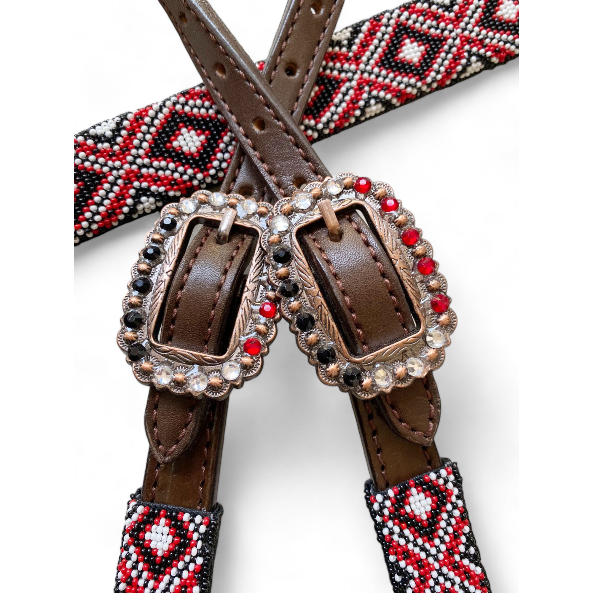 MOUSM Argentina Cow Leather Western Headstall and Breast Collar with Wither Strap Tack Set - Decorated with Snake Pattern, Red-White-Black Hand Beaded Work & Matching Rhinestones Conchos