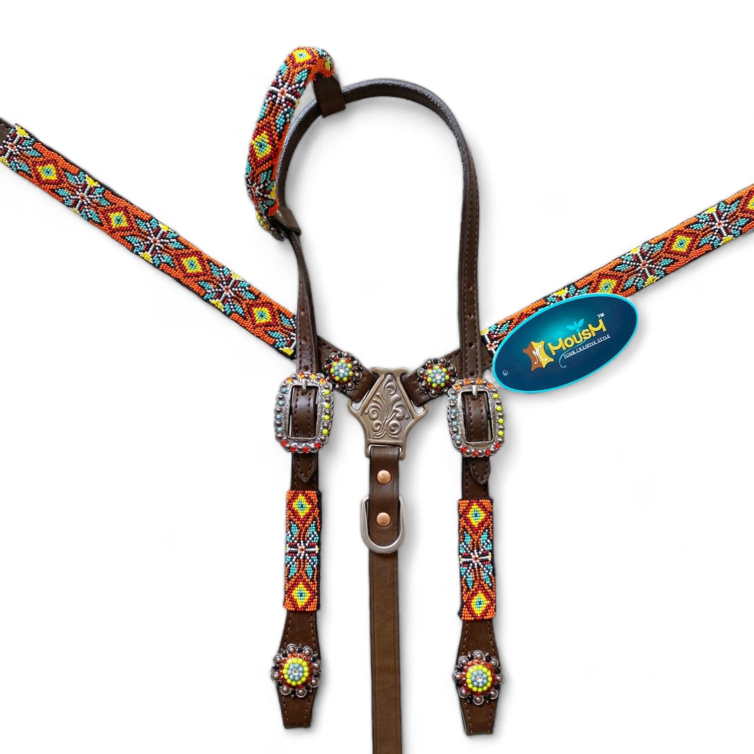 MOUSM Western Headstall and Breast Collar with Wither Strap Tack Set - Argentina Cow Leather Horse Tack Set with Intricate Geometric Vibrant Colour Hand Beaded Work, Antique Nickel Hardware