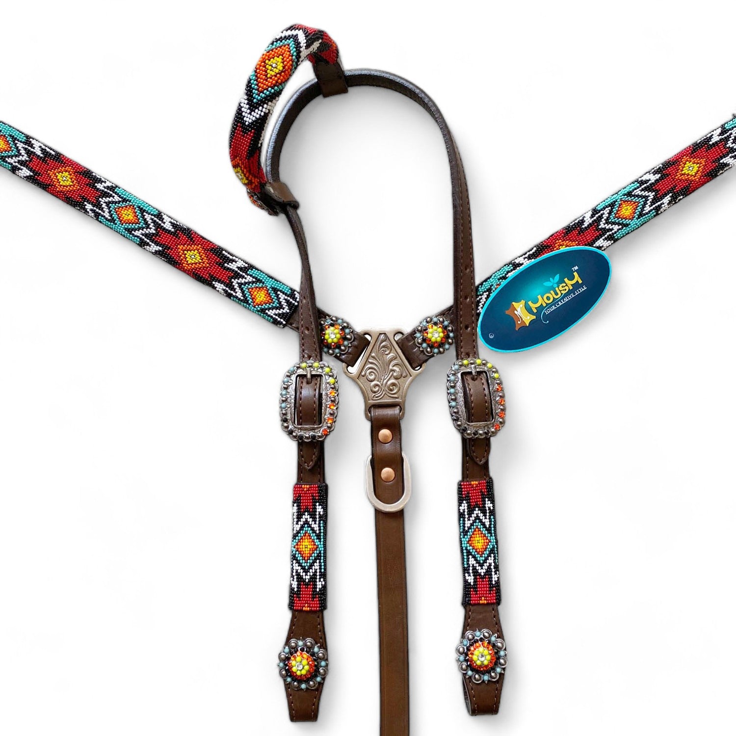 MOUSM Argentina Cow Leather Headstall & Breast Collar with Wither Strap – Western Horse Tack Set with Turquoise & Red Beaded Aztec Pattern and Rhinestones Conchos