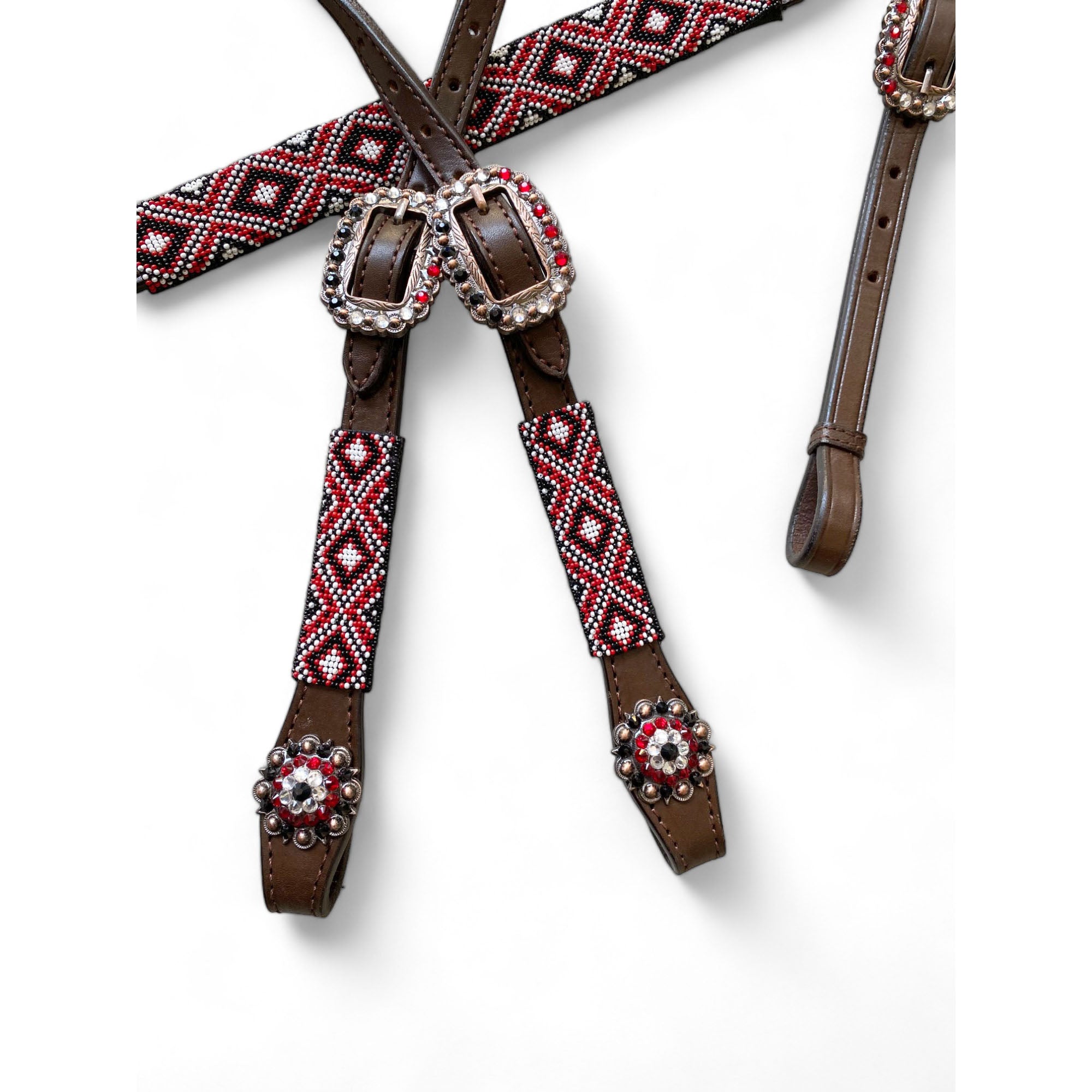 MOUSM Argentina Cow Leather Western Headstall and Breast Collar with Wither Strap Tack Set - Decorated with Snake Pattern, Red-White-Black Hand Beaded Work & Matching Rhinestones Conchos