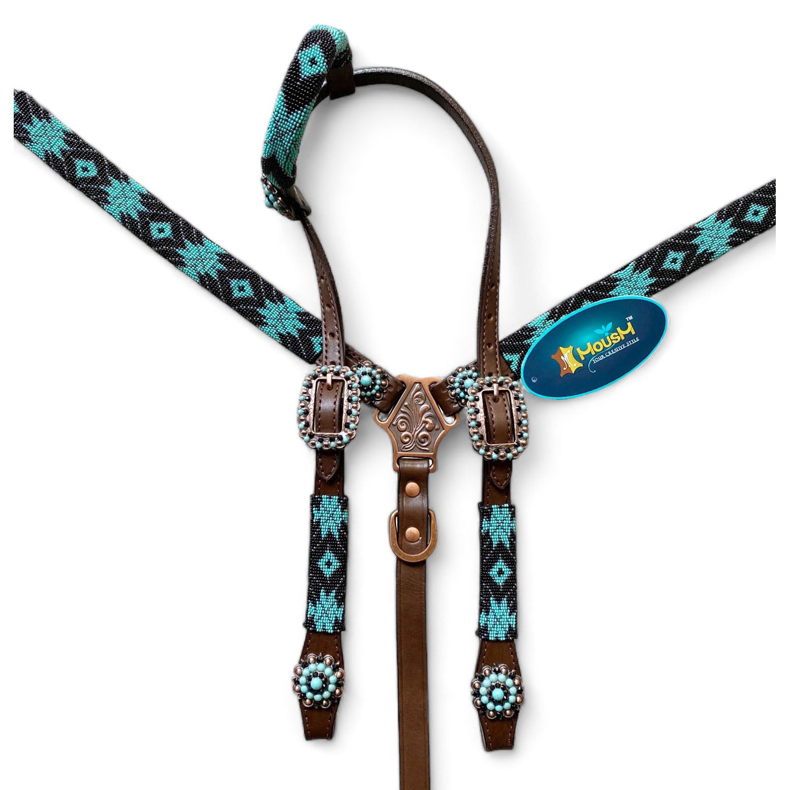 MOUSM Argentina Cow Leather Headstall & Breast Collar with Wither Strap – Western Horse Tack Set with Turquoise & Brown Beaded Geometrical Pattern and Rhinestone Conchos