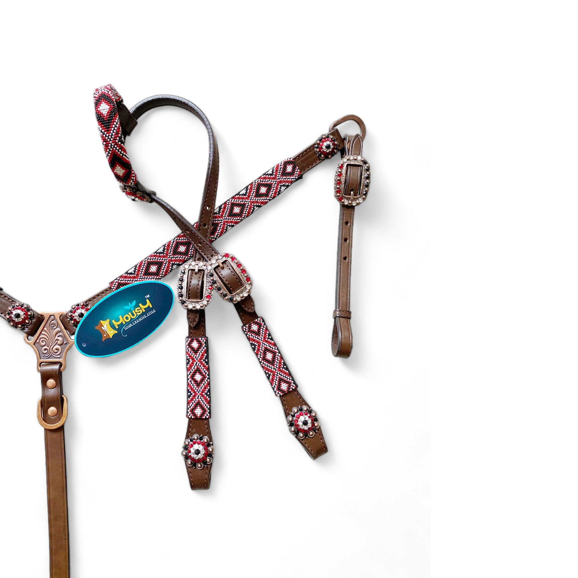MOUSM Argentina Cow Leather Western Headstall and Breast Collar with Wither Strap Tack Set - Decorated with Snake Pattern, Red-White-Black Hand Beaded Work & Matching Rhinestones Conchos