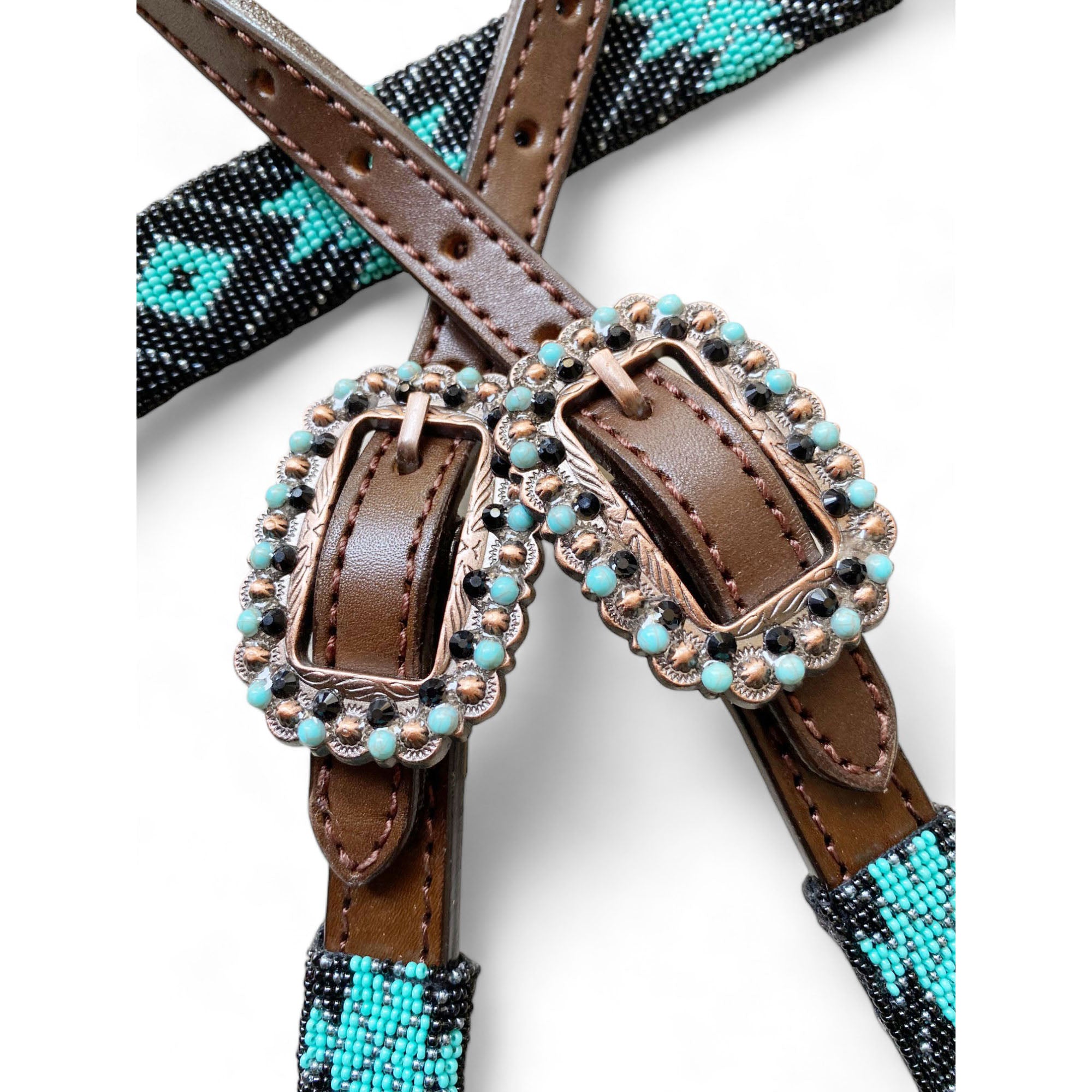 MOUSM Argentina Cow Leather Headstall & Breast Collar with Wither Strap – Western Horse Tack Set with Turquoise & Brown Beaded Geometrical Pattern and Rhinestone Conchos