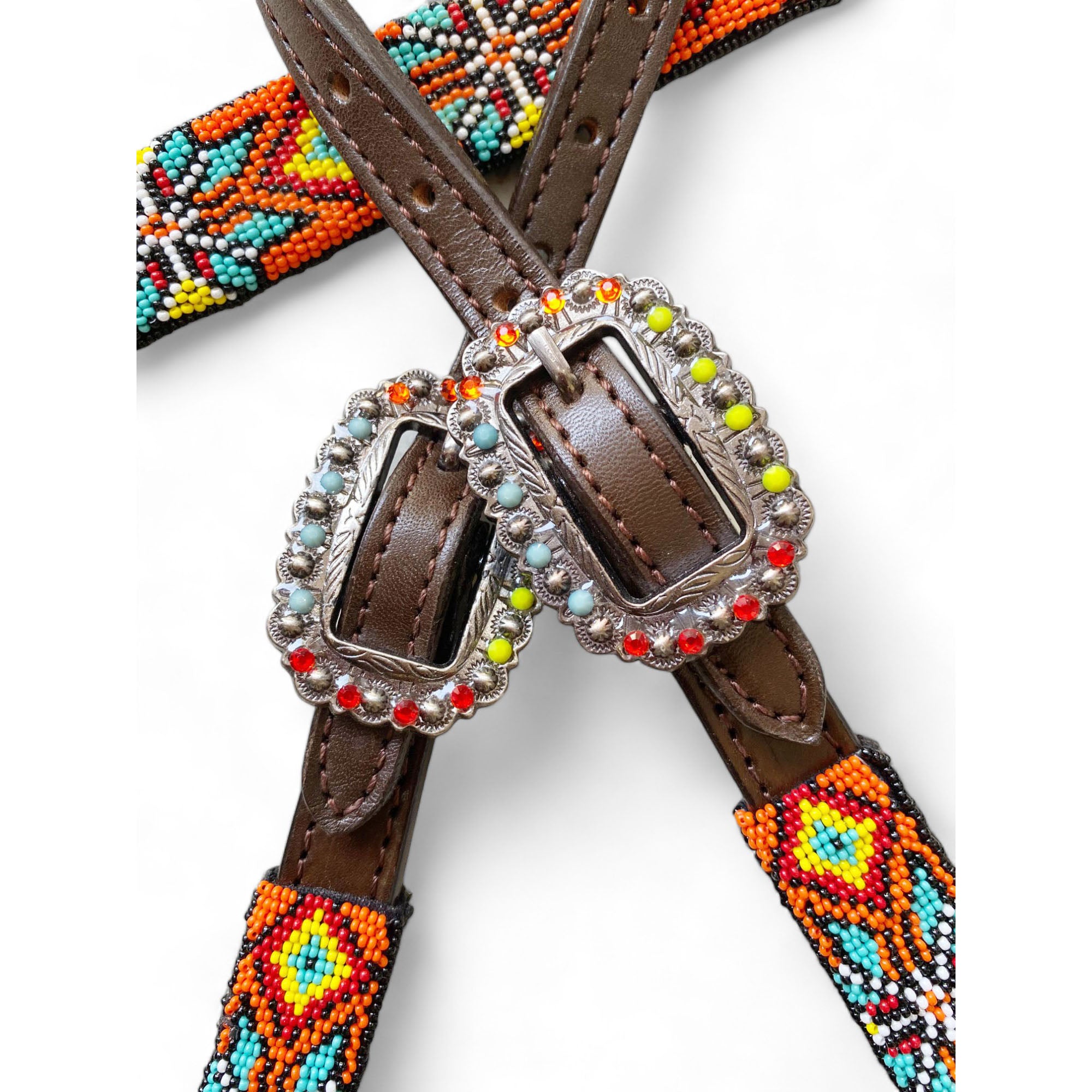 MOUSM Western Headstall and Breast Collar with Wither Strap Tack Set - Argentina Cow Leather Horse Tack Set with Intricate Geometric Vibrant Colour Hand Beaded Work, Antique Nickel Hardware