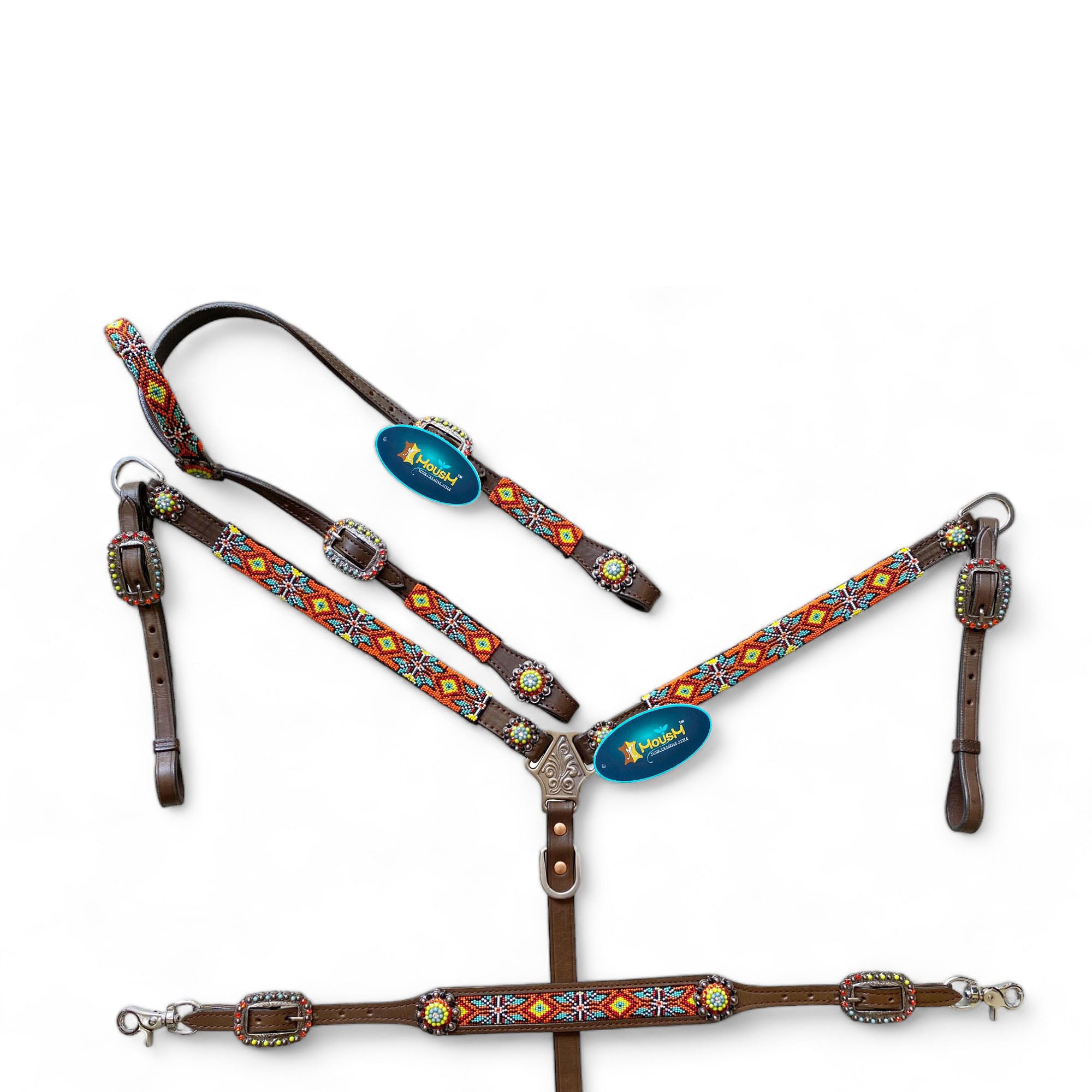 MOUSM Western Headstall and Breast Collar with Wither Strap Tack Set - Argentina Cow Leather Horse Tack Set with Intricate Geometric Vibrant Colour Hand Beaded Work, Antique Nickel Hardware