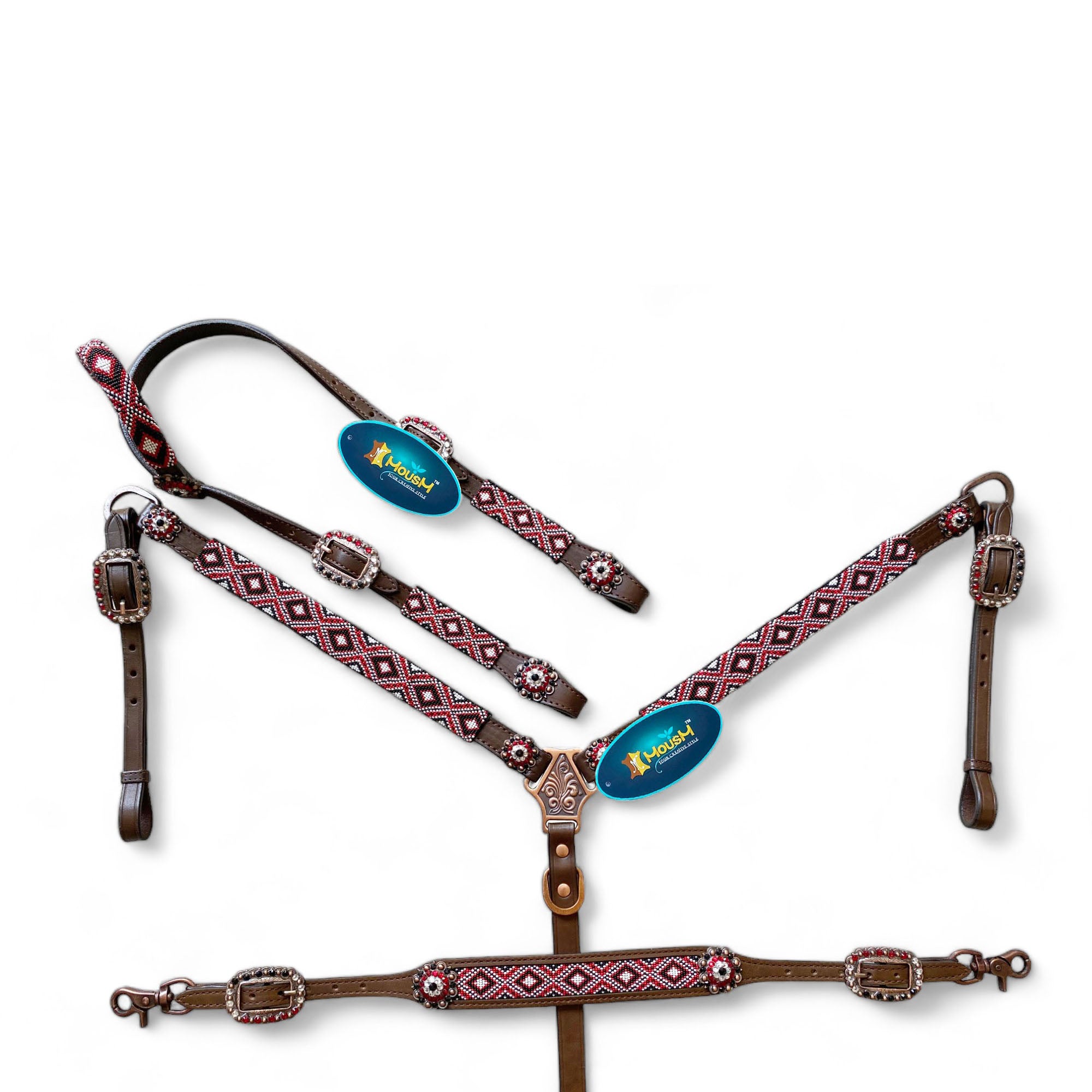 MOUSM Argentina Cow Leather Western Headstall and Breast Collar with Wither Strap Tack Set - Decorated with Snake Pattern, Red-White-Black Hand Beaded Work & Matching Rhinestones Conchos