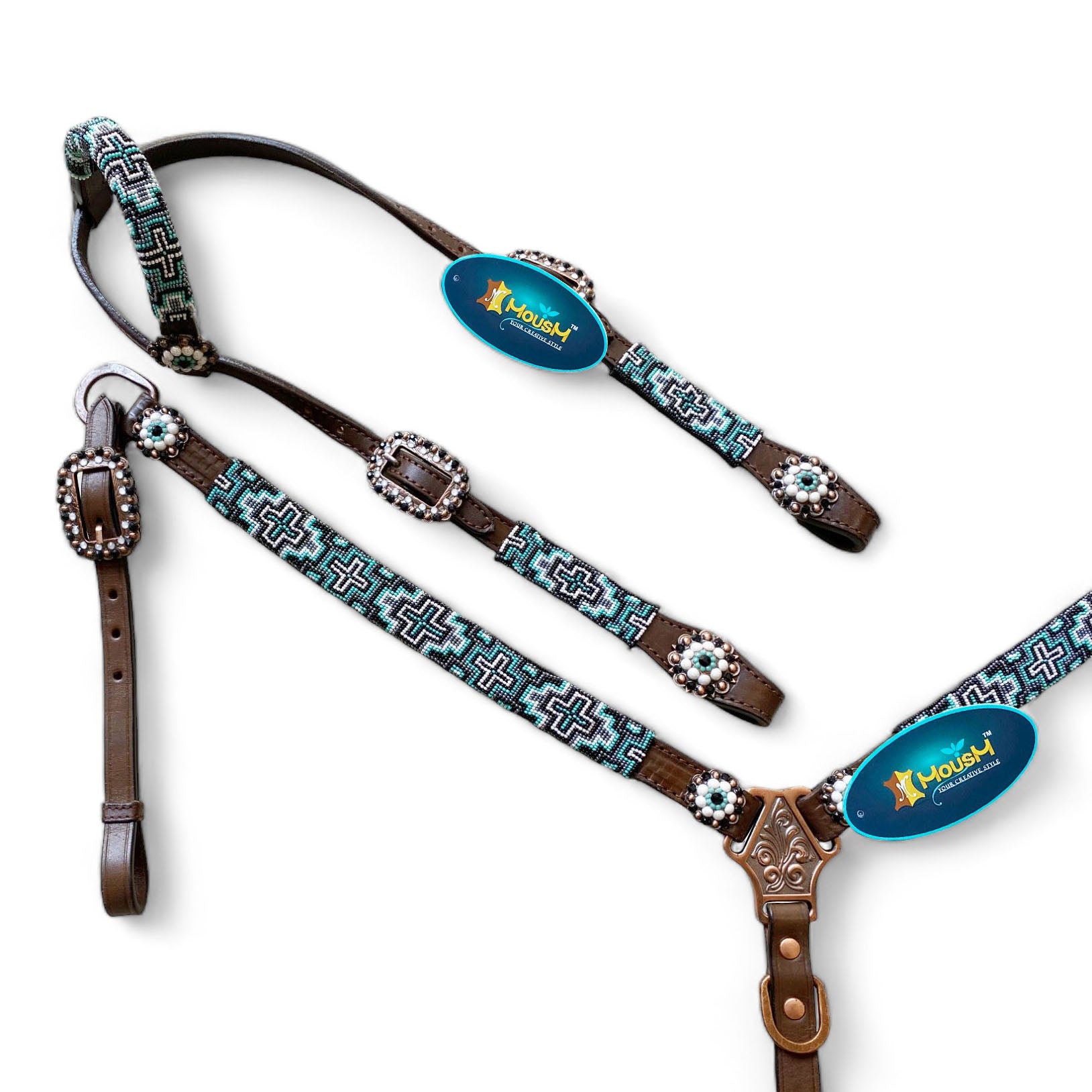MOUSM Argentina Cow Leather Headstall & Breast Collar with Wither Strap – Western Leather Tack Set with Turquoise Beaded Southeastern Pattern & Matching Conchos