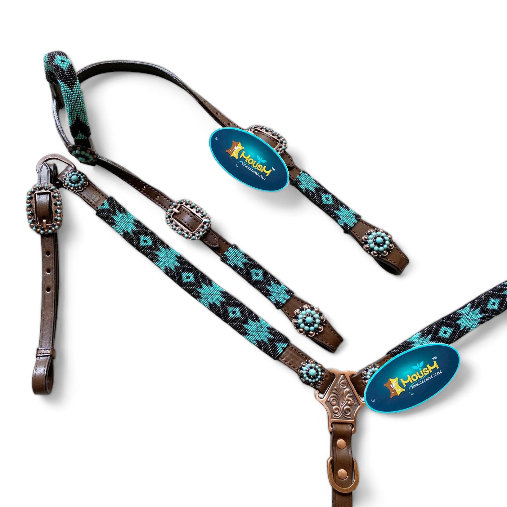MOUSM Argentina Cow Leather Headstall & Breast Collar with Wither Strap – Western Horse Tack Set with Turquoise & Brown Beaded Geometrical Pattern and Rhinestone Conchos