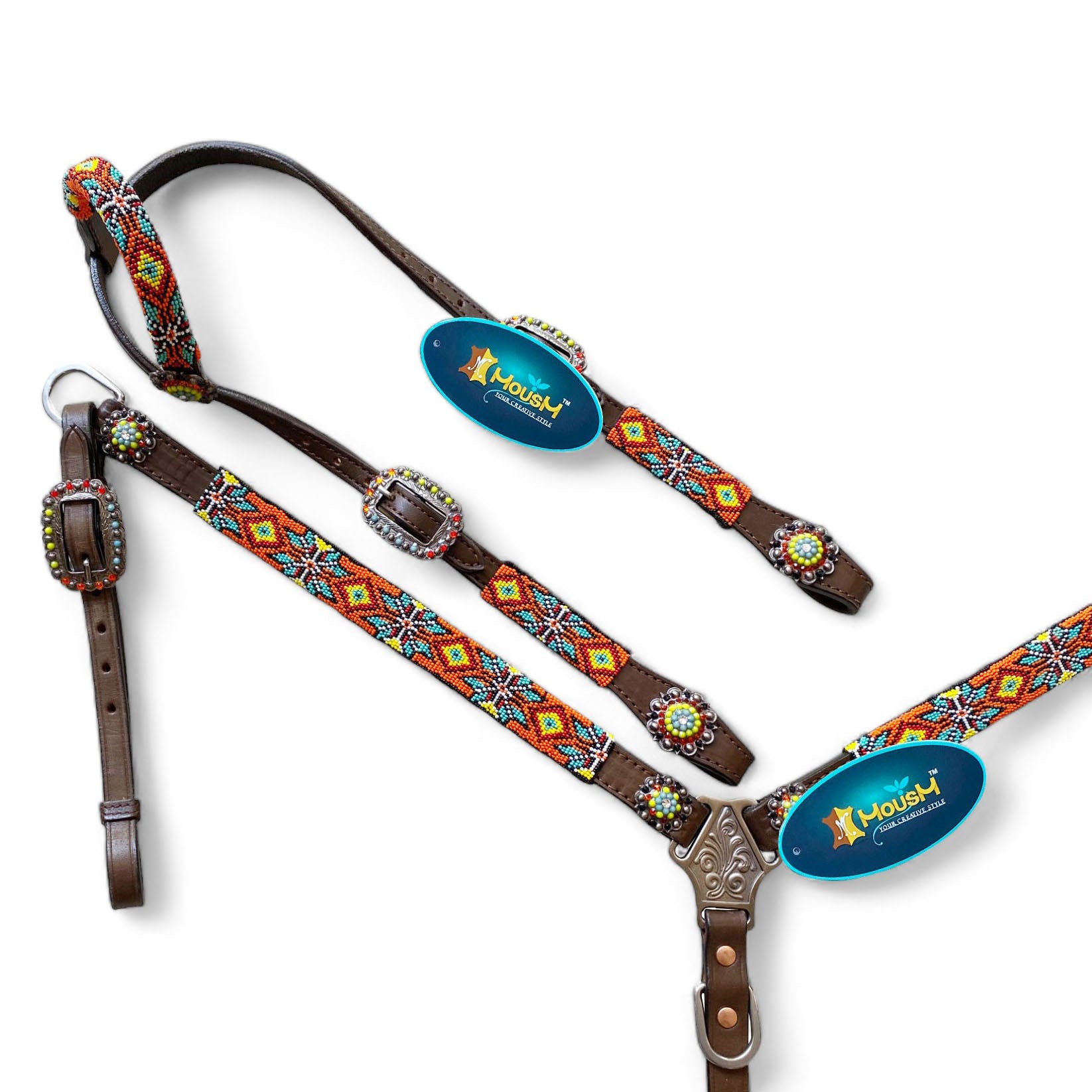 MOUSM Western Headstall and Breast Collar with Wither Strap Tack Set - Argentina Cow Leather Horse Tack Set with Intricate Geometric Vibrant Colour Hand Beaded Work, Antique Nickel Hardware