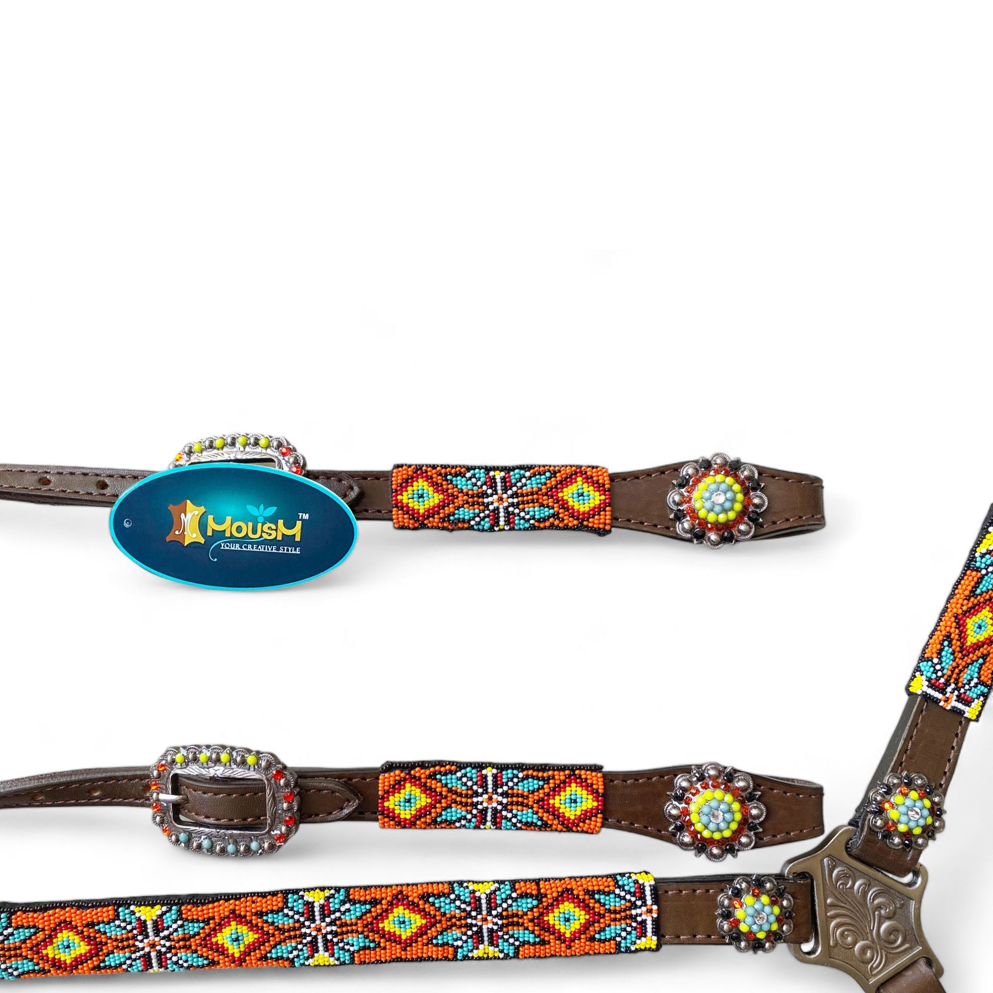 MOUSM Western Headstall and Breast Collar with Wither Strap Tack Set - Argentina Cow Leather Horse Tack Set with Intricate Geometric Vibrant Colour Hand Beaded Work, Antique Nickel Hardware