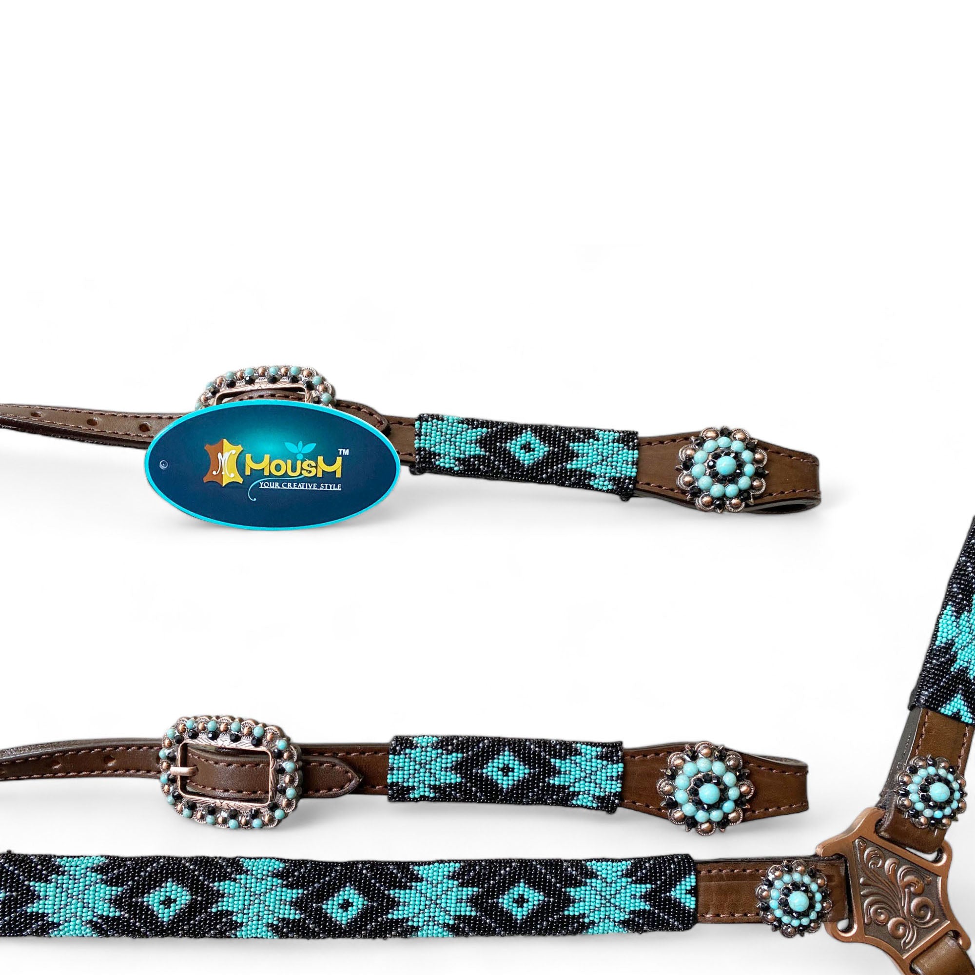 MOUSM Argentina Cow Leather Headstall & Breast Collar with Wither Strap – Western Horse Tack Set with Turquoise & Brown Beaded Geometrical Pattern and Rhinestone Conchos