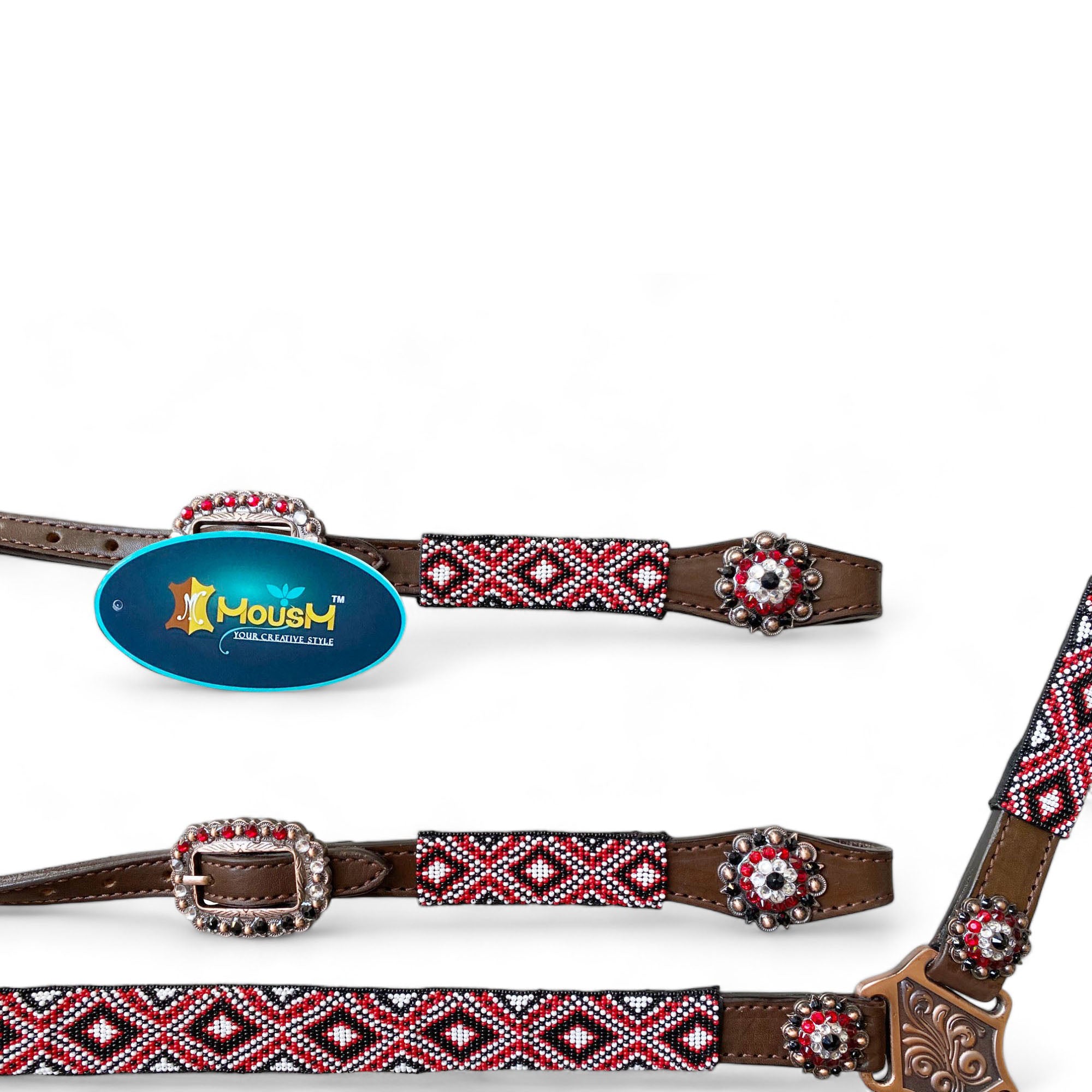 MOUSM Argentina Cow Leather Western Headstall and Breast Collar with Wither Strap Tack Set - Decorated with Snake Pattern, Red-White-Black Hand Beaded Work & Matching Rhinestones Conchos