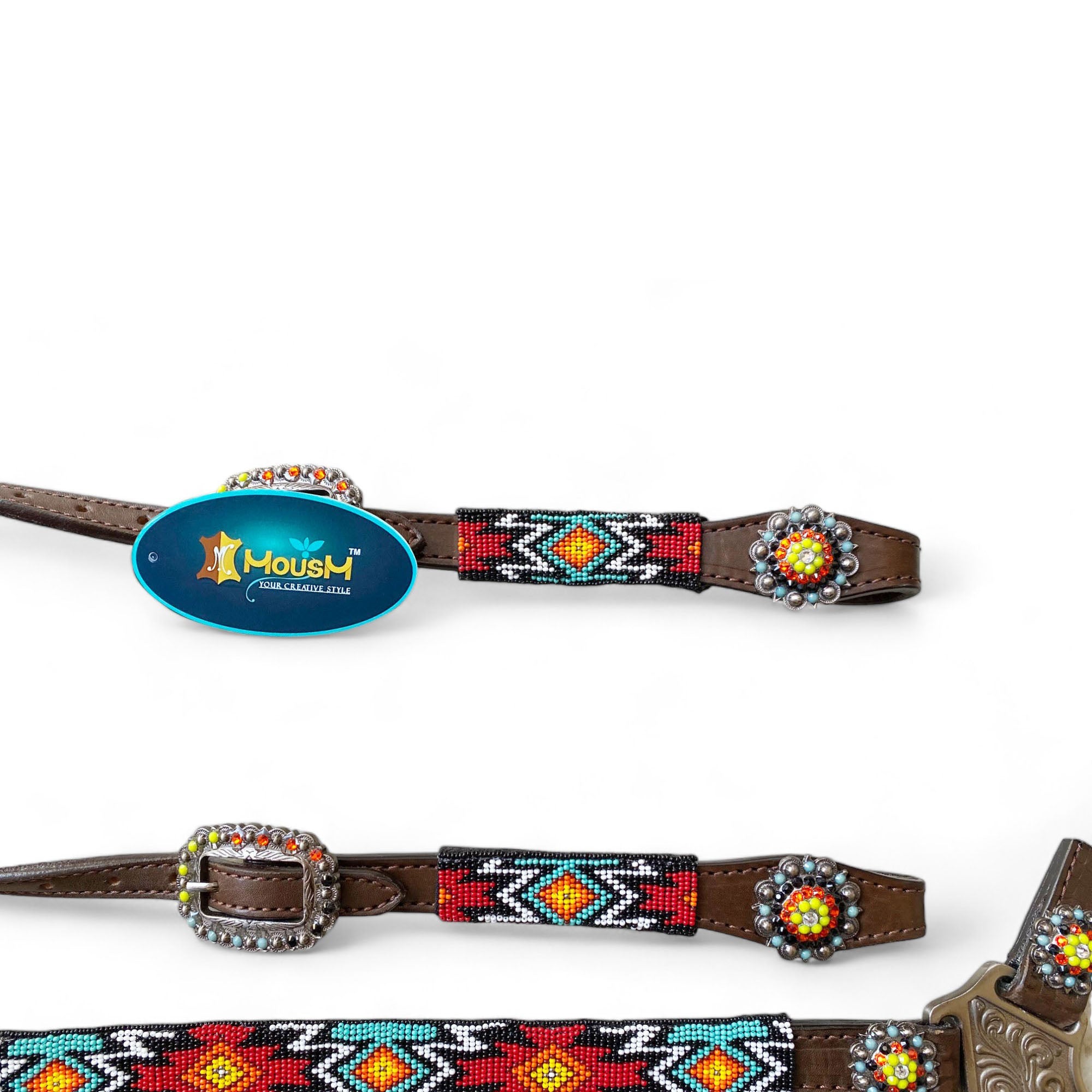 MOUSM Argentina Cow Leather Headstall & Breast Collar with Wither Strap – Western Horse Tack Set with Turquoise & Red Beaded Aztec Pattern and Rhinestones Conchos