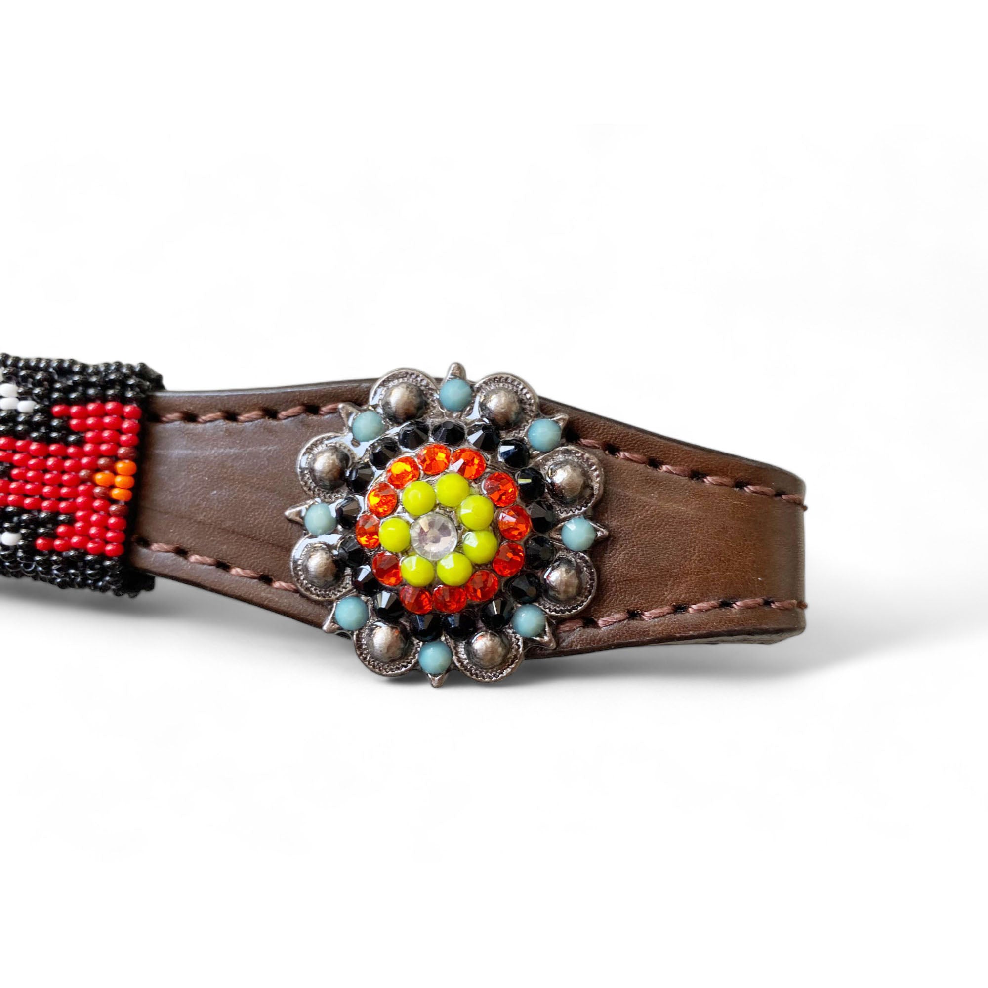 MOUSM Argentina Cow Leather Headstall & Breast Collar with Wither Strap – Western Horse Tack Set with Turquoise & Red Beaded Aztec Pattern and Rhinestones Conchos
