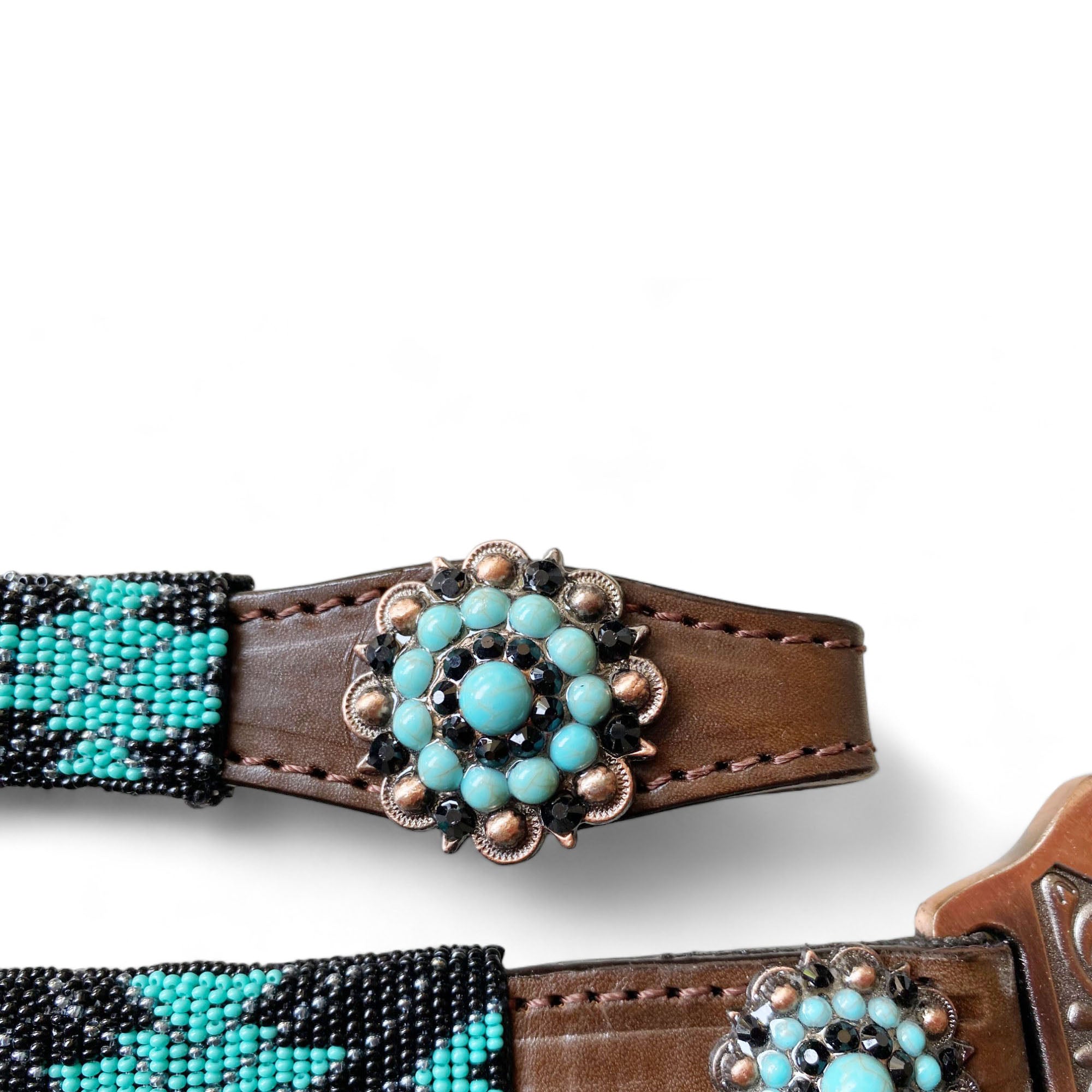 MOUSM Argentina Cow Leather Headstall & Breast Collar with Wither Strap – Western Horse Tack Set with Turquoise & Brown Beaded Geometrical Pattern and Rhinestone Conchos