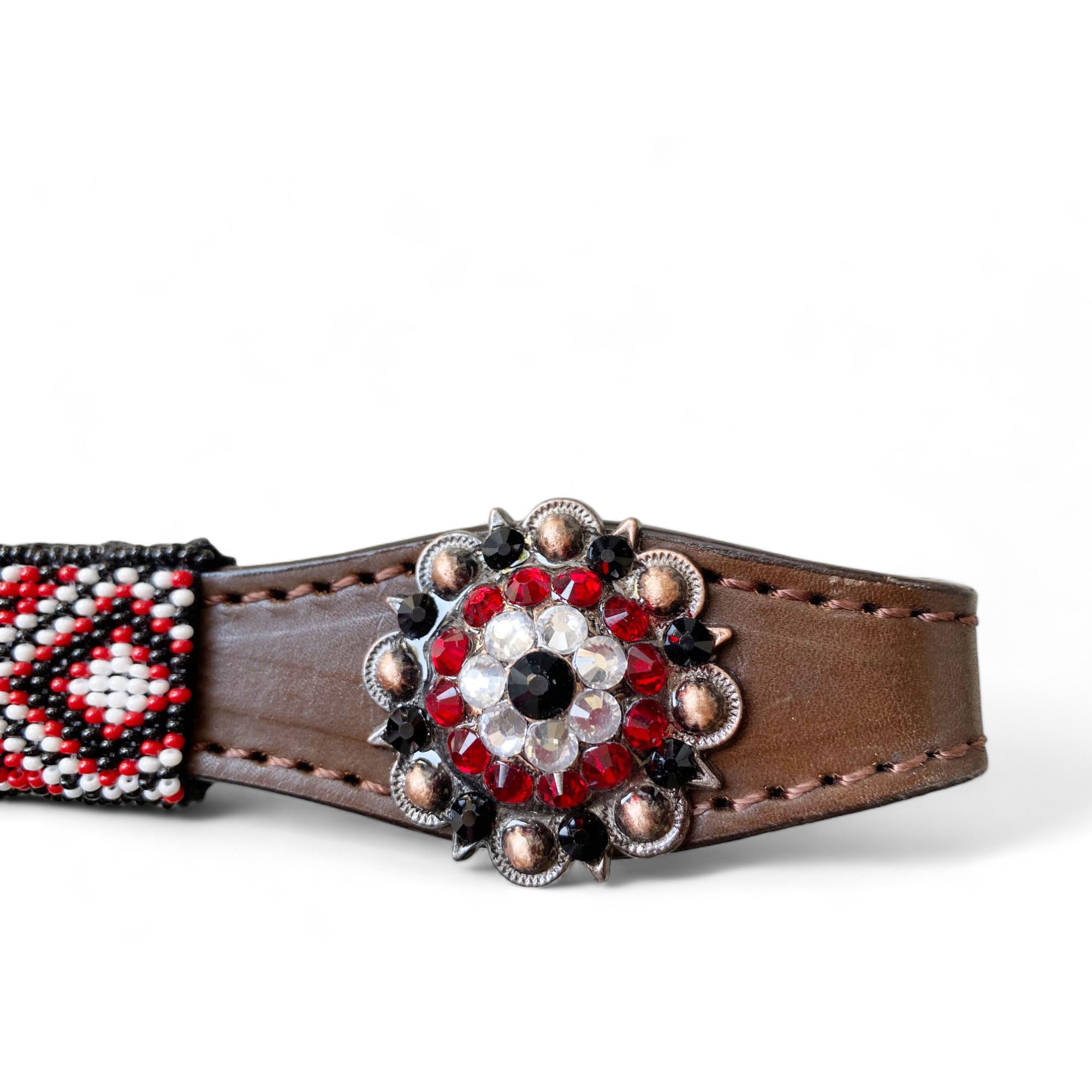 MOUSM Argentina Cow Leather Western Headstall and Breast Collar with Wither Strap Tack Set - Decorated with Snake Pattern, Red-White-Black Hand Beaded Work & Matching Rhinestones Conchos