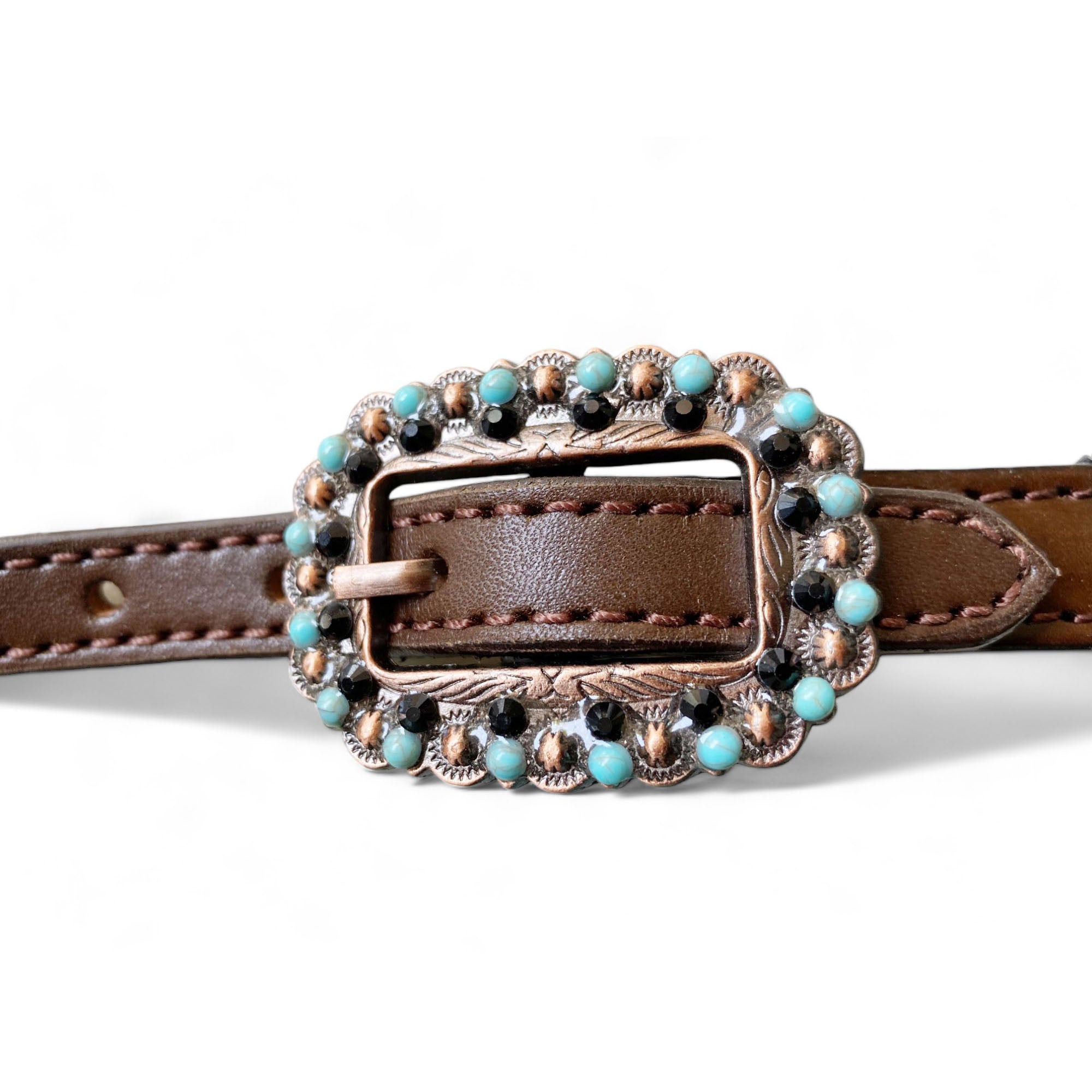 MOUSM Argentina Cow Leather Headstall & Breast Collar with Wither Strap – Western Horse Tack Set with Turquoise & Brown Beaded Geometrical Pattern and Rhinestone Conchos
