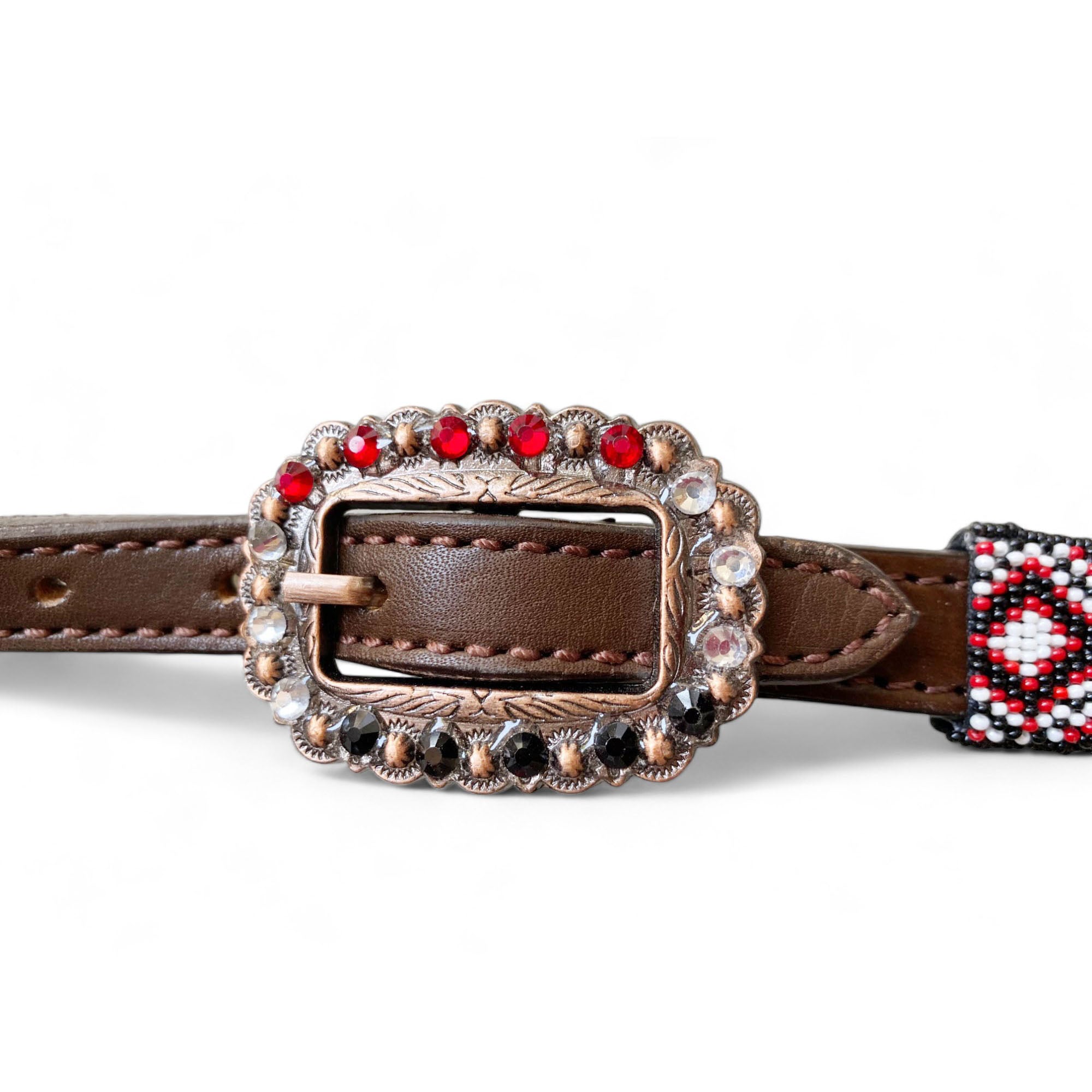 MOUSM Argentina Cow Leather Western Headstall and Breast Collar with Wither Strap Tack Set - Decorated with Snake Pattern, Red-White-Black Hand Beaded Work & Matching Rhinestones Conchos