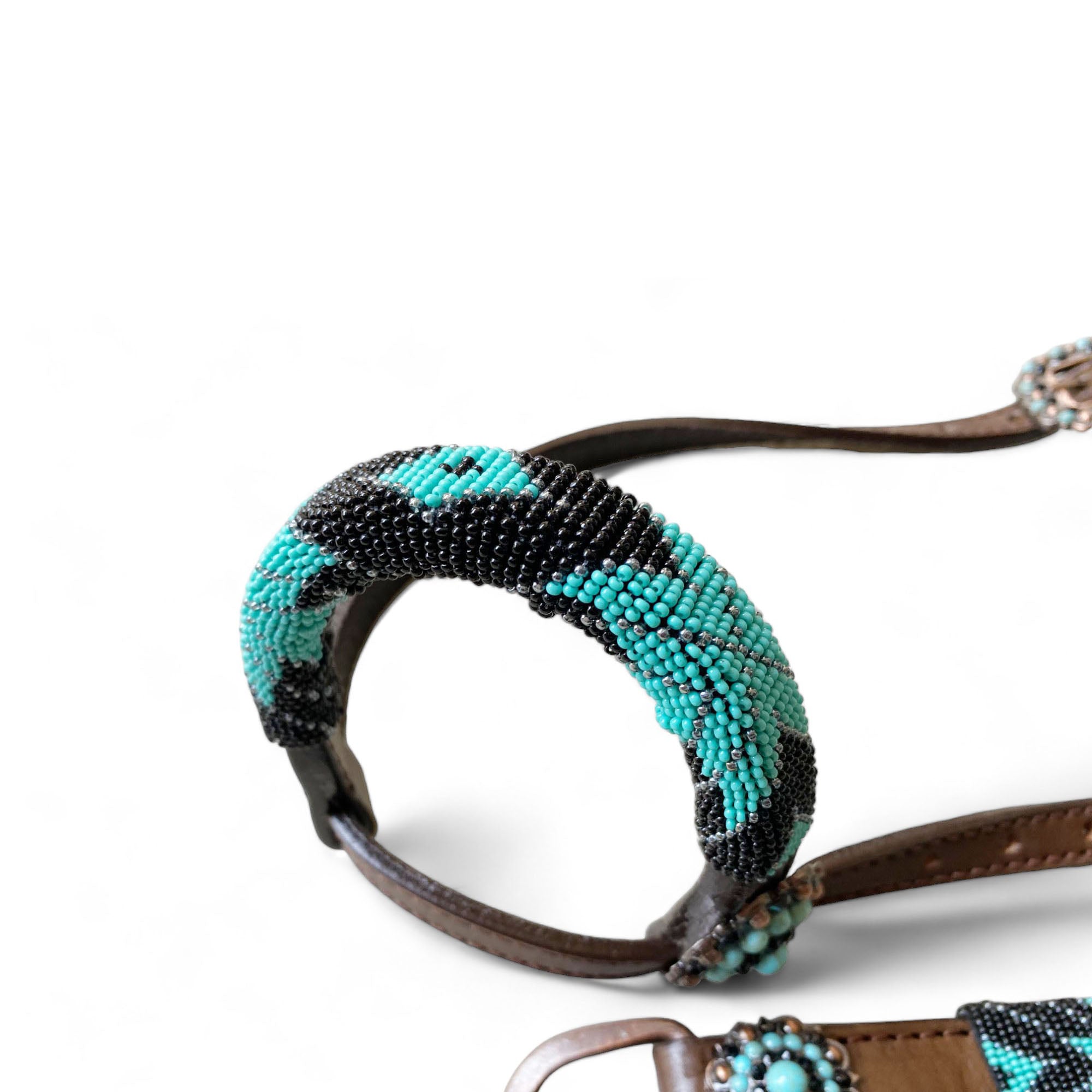MOUSM Argentina Cow Leather Headstall & Breast Collar with Wither Strap – Western Horse Tack Set with Turquoise & Brown Beaded Geometrical Pattern and Rhinestone Conchos