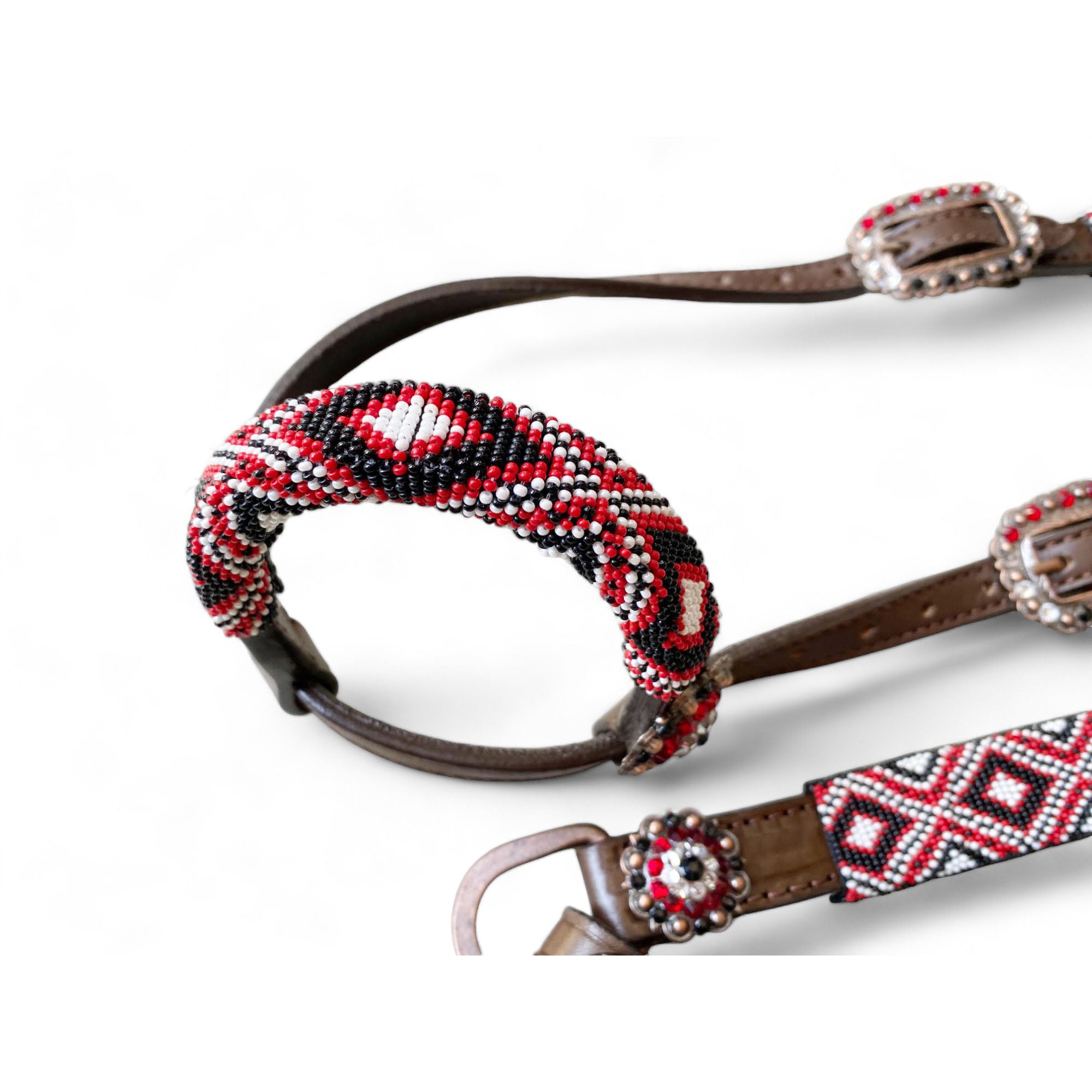 MOUSM Argentina Cow Leather Western Headstall and Breast Collar with Wither Strap Tack Set - Decorated with Snake Pattern, Red-White-Black Hand Beaded Work & Matching Rhinestones Conchos