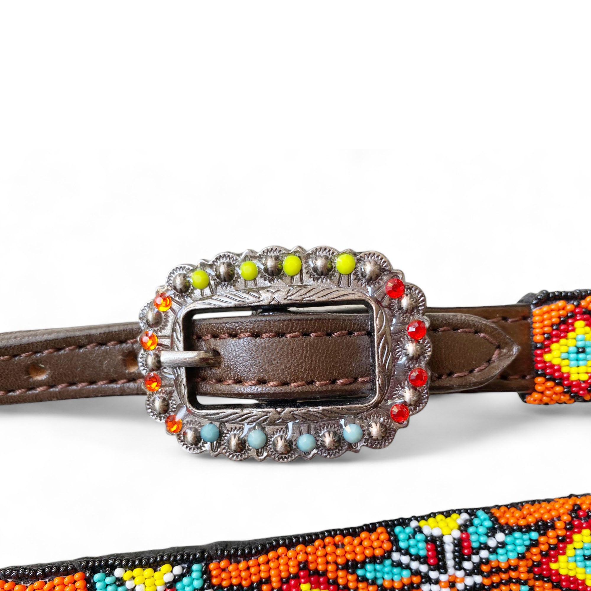 MOUSM Western Headstall and Breast Collar with Wither Strap Tack Set - Argentina Cow Leather Horse Tack Set with Intricate Geometric Vibrant Colour Hand Beaded Work, Antique Nickel Hardware