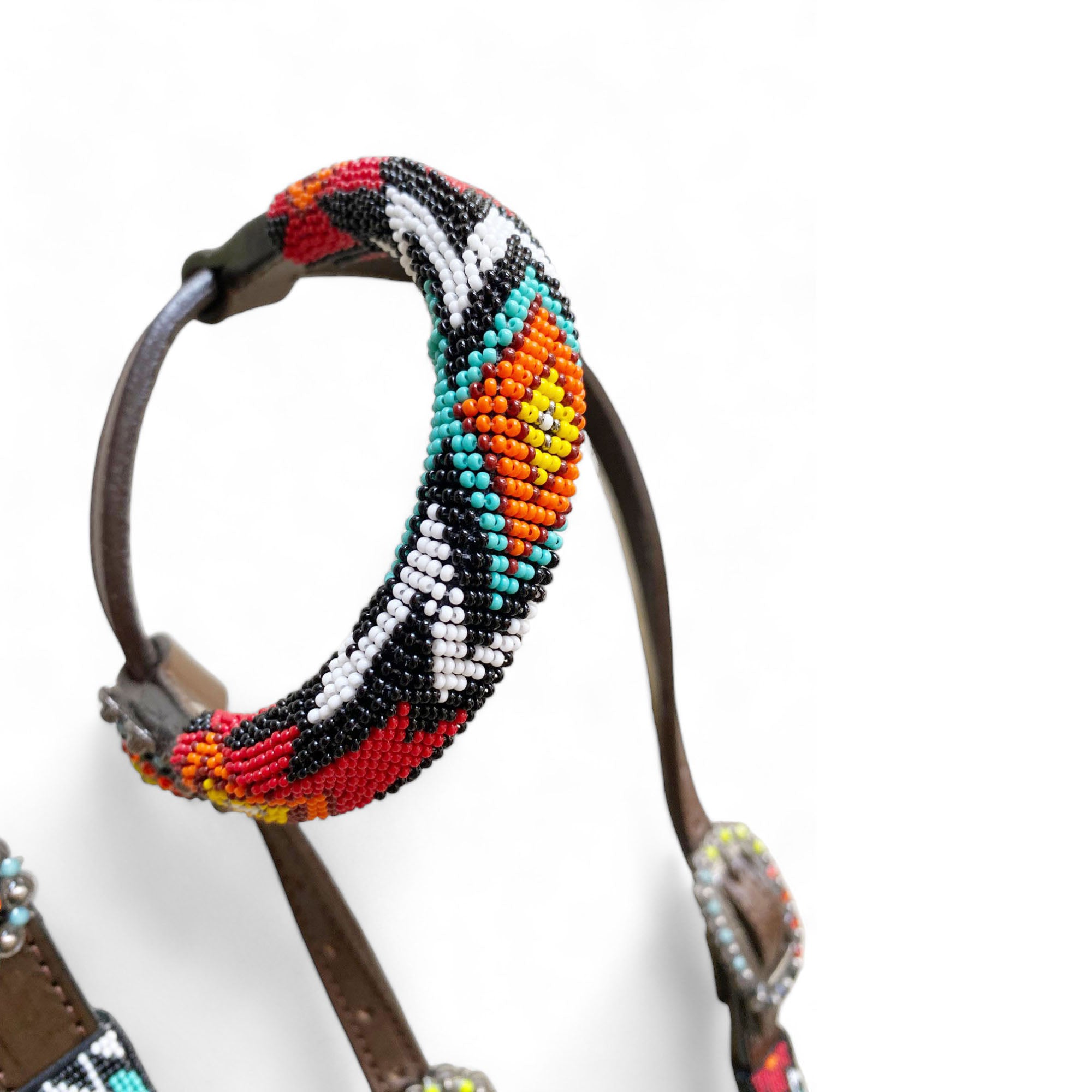 MOUSM Argentina Cow Leather Headstall & Breast Collar with Wither Strap – Western Horse Tack Set with Turquoise & Red Beaded Aztec Pattern and Rhinestones Conchos