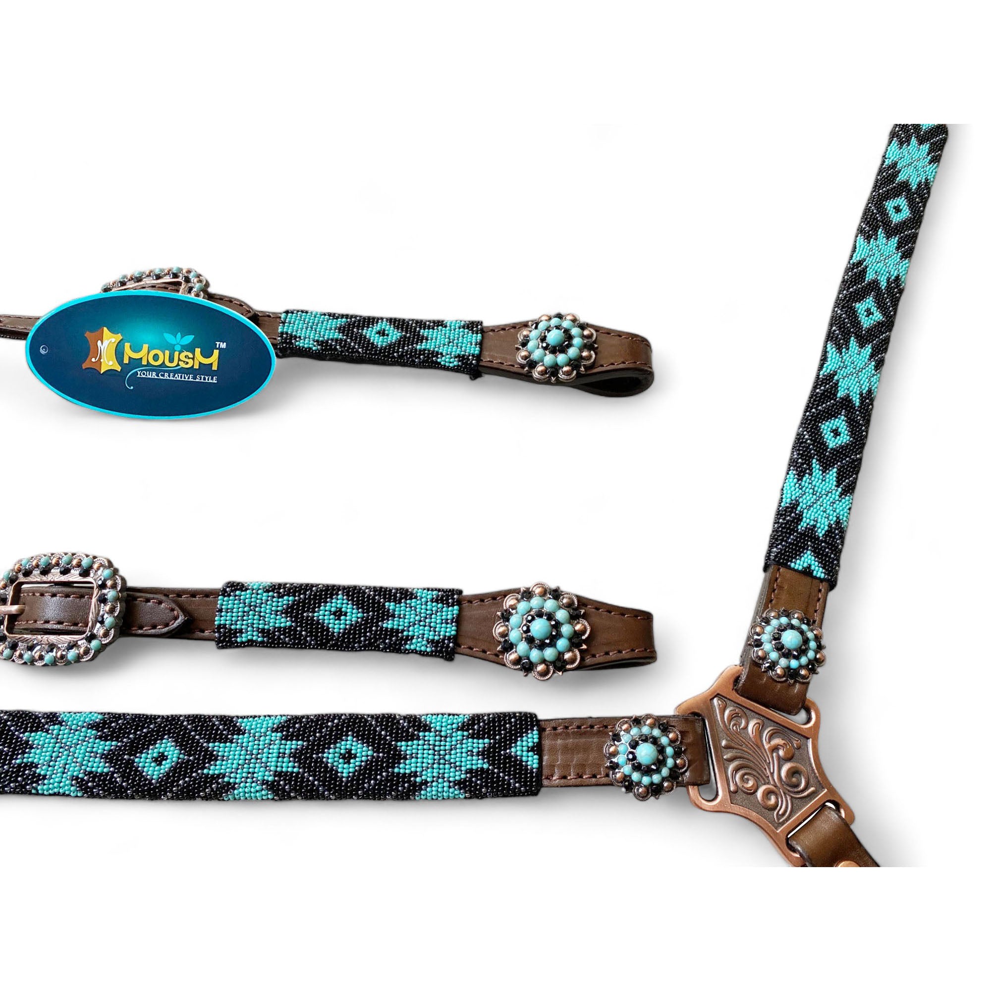 MOUSM Argentina Cow Leather Headstall & Breast Collar with Wither Strap – Western Horse Tack Set with Turquoise & Brown Beaded Geometrical Pattern and Rhinestone Conchos